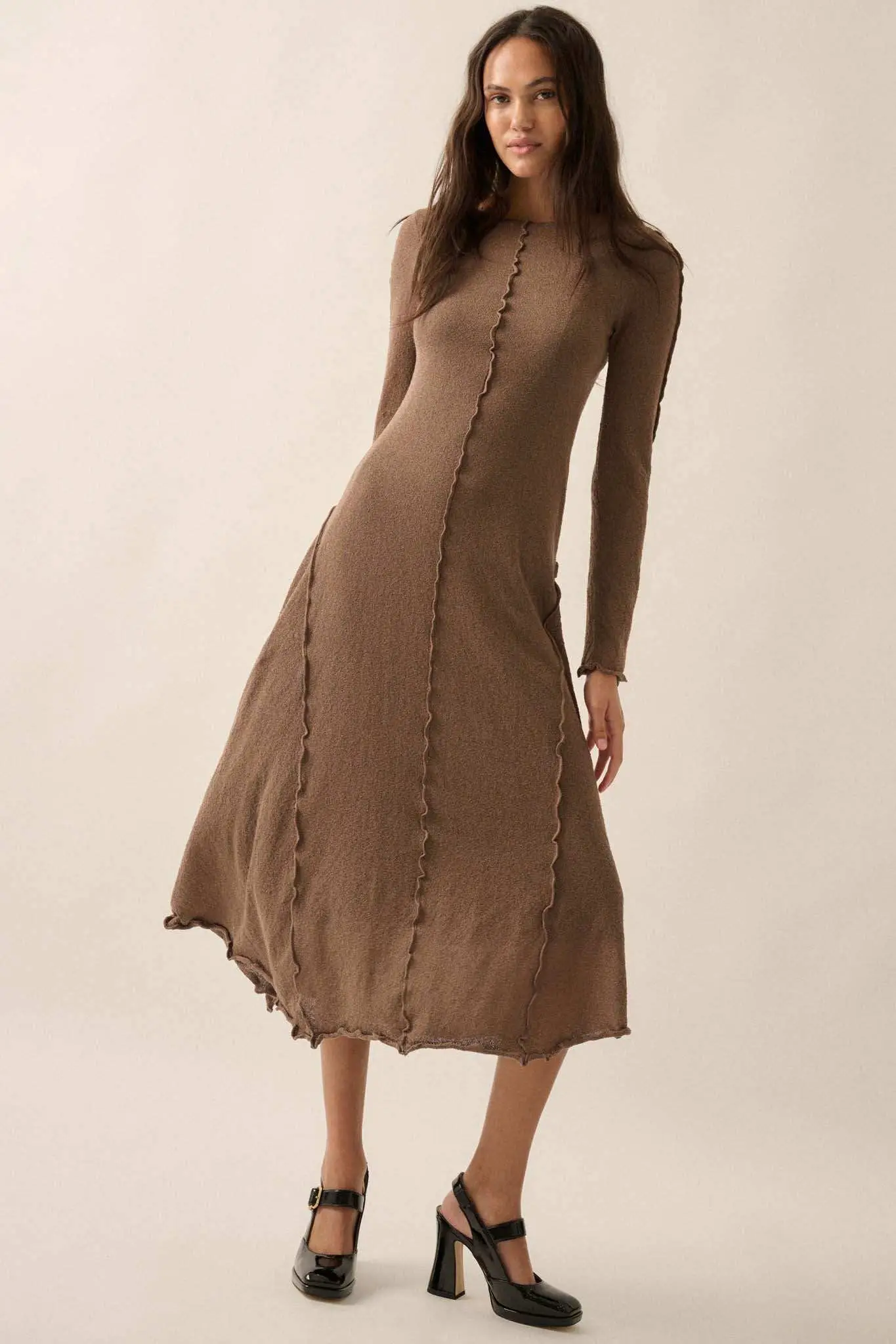 Earth Mother Textured Knit Exposed-Seam Midi Dress - Image 11