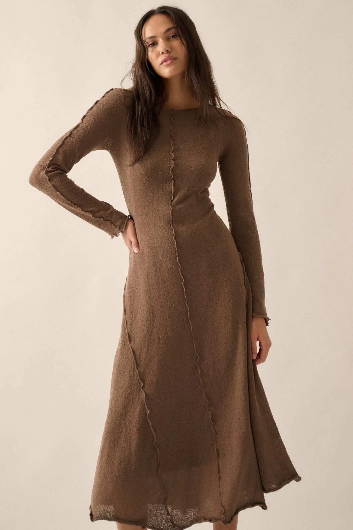Earth Mother Textured Knit Exposed-Seam Midi Dress - Image 12