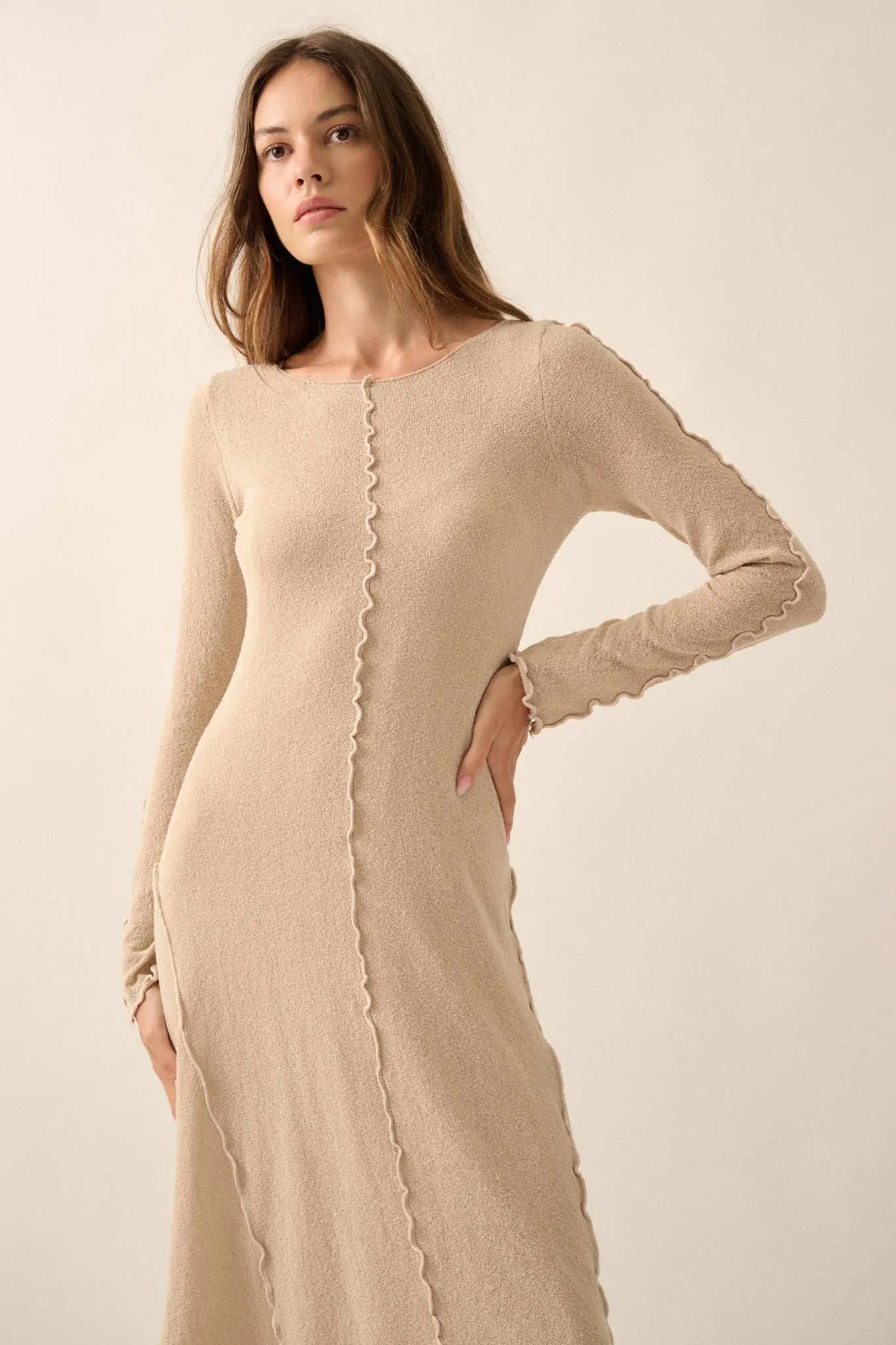 Earth Mother Textured Knit Exposed-Seam Midi Dress - Image 5