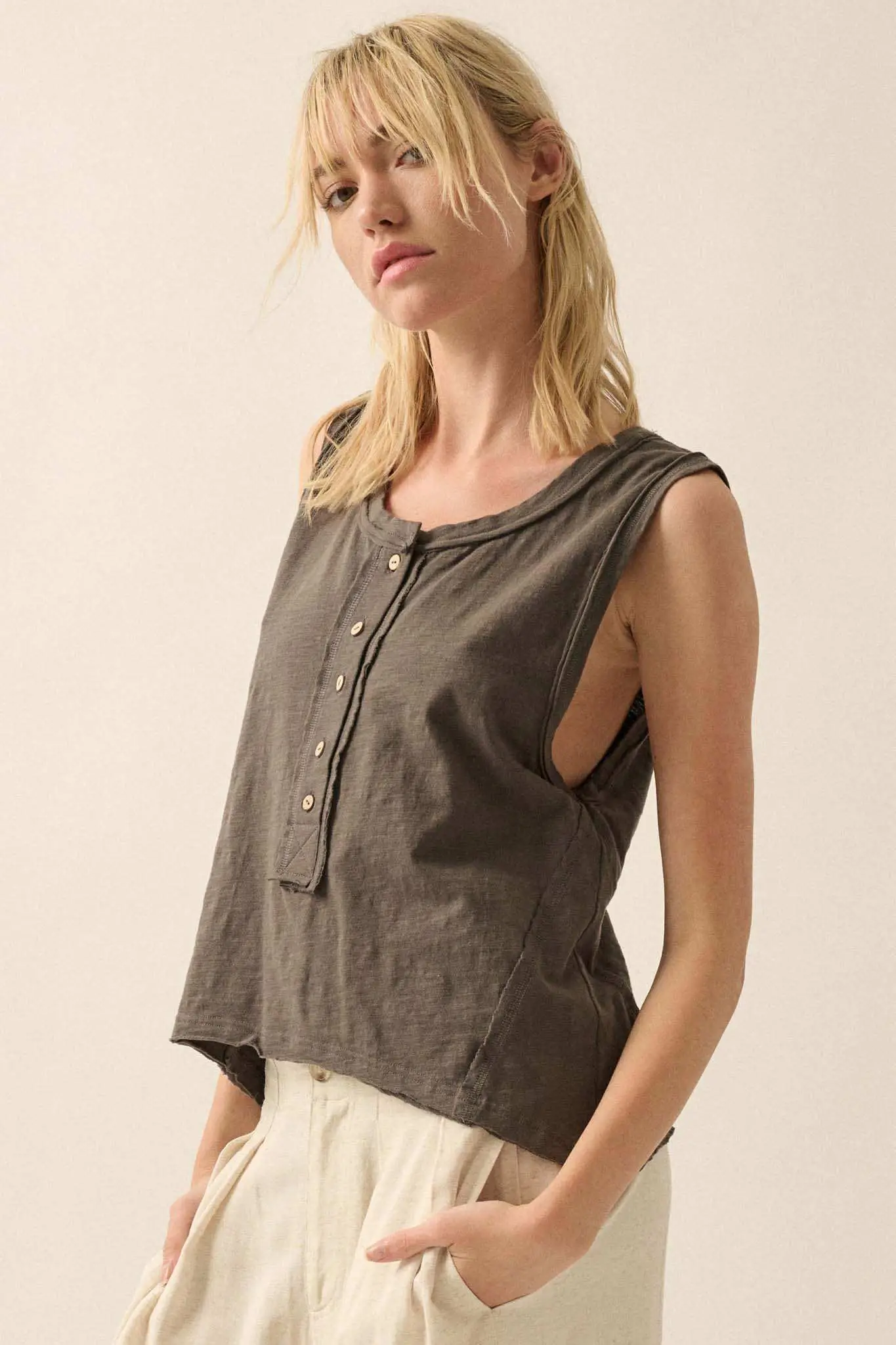 Easy Fit Cotton Slub Half-Button Henley Tank Top - Image 10