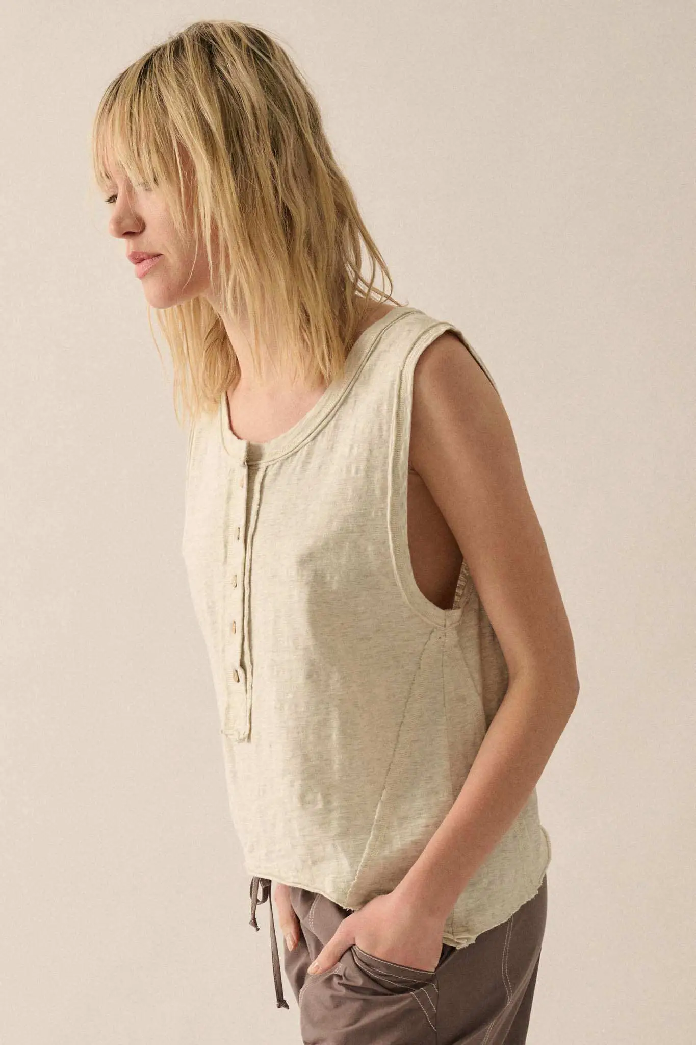 Easy Fit Cotton Slub Half-Button Henley Tank Top - Image 14