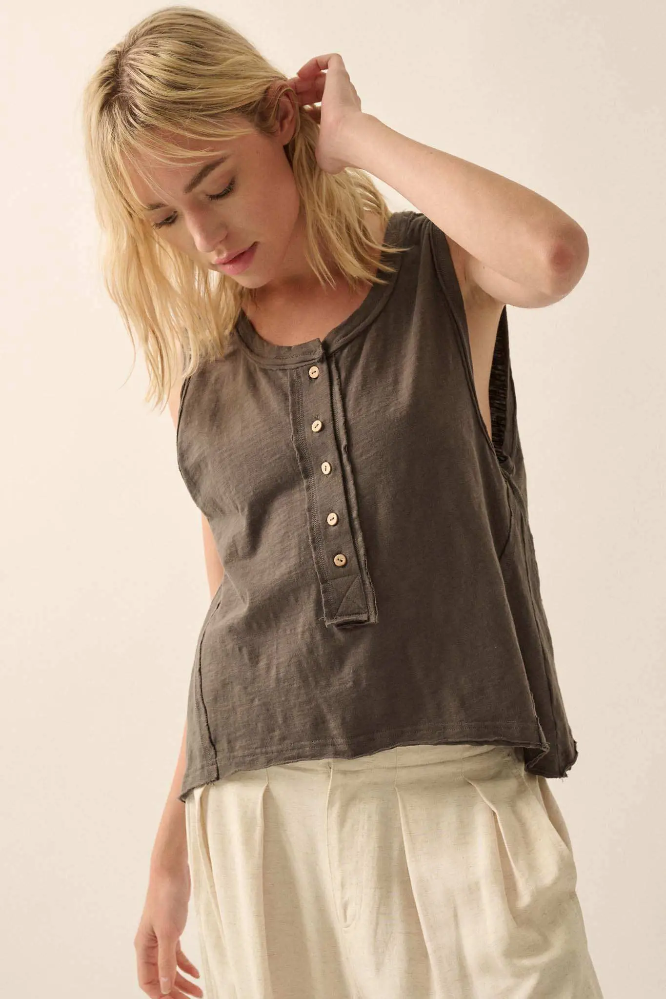 Easy Fit Cotton Slub Half-Button Henley Tank Top - Image 7