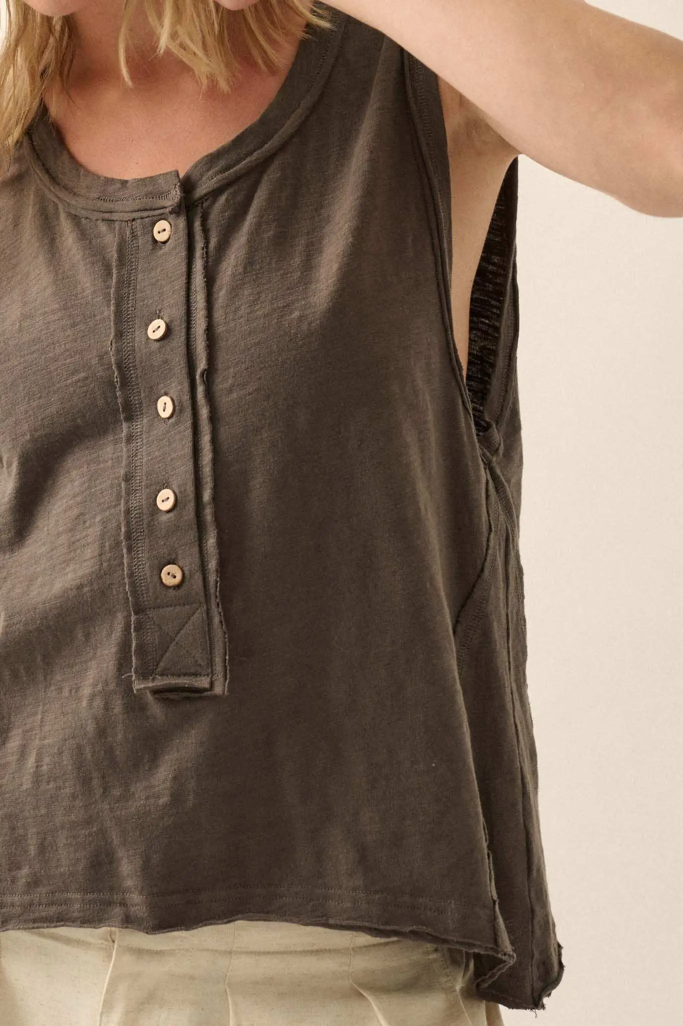 Easy Fit Cotton Slub Half-Button Henley Tank Top - Image 8