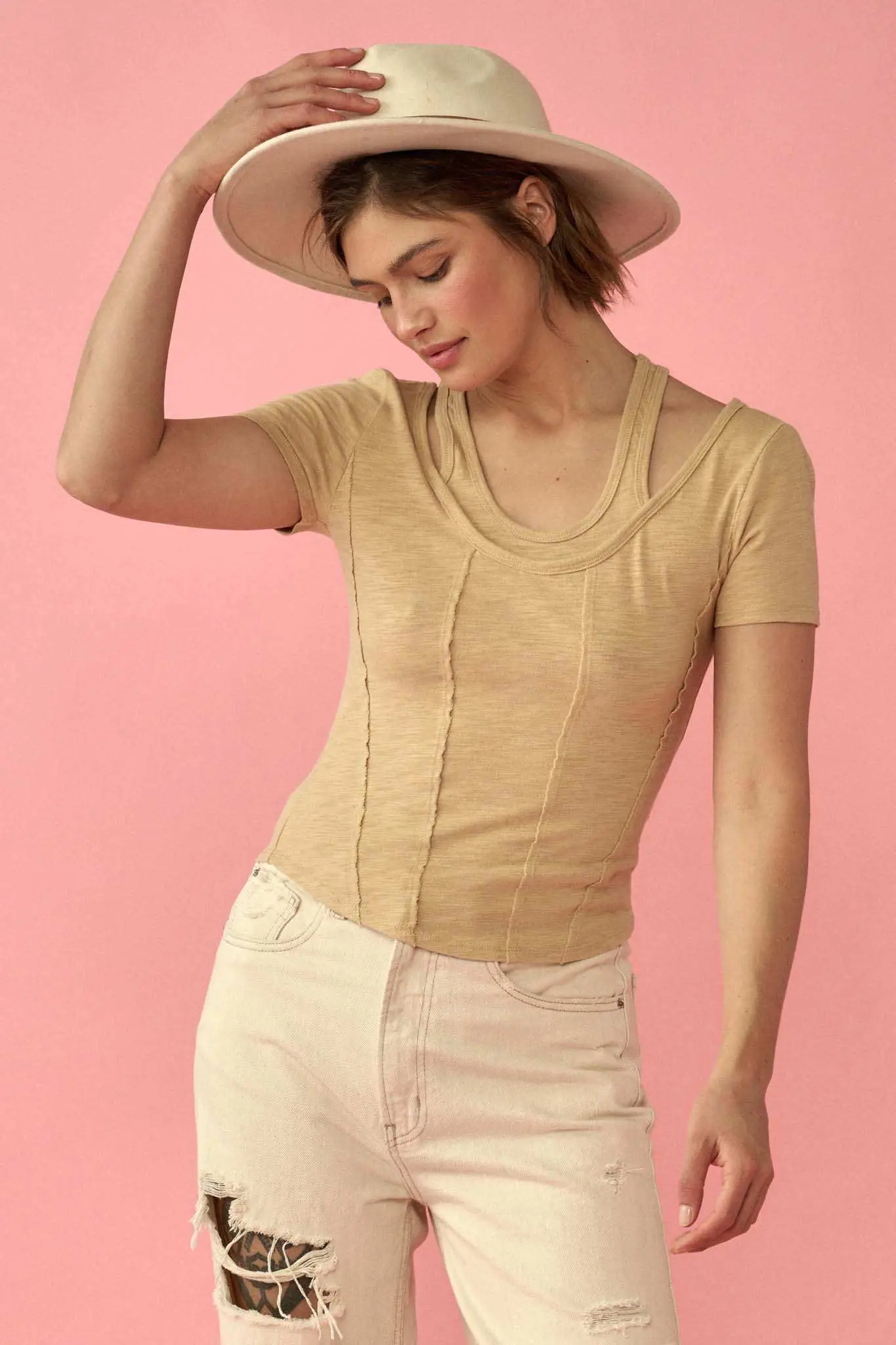Easy Fit Exposed-Seam Cotton Slub Layered Tee - Image 7