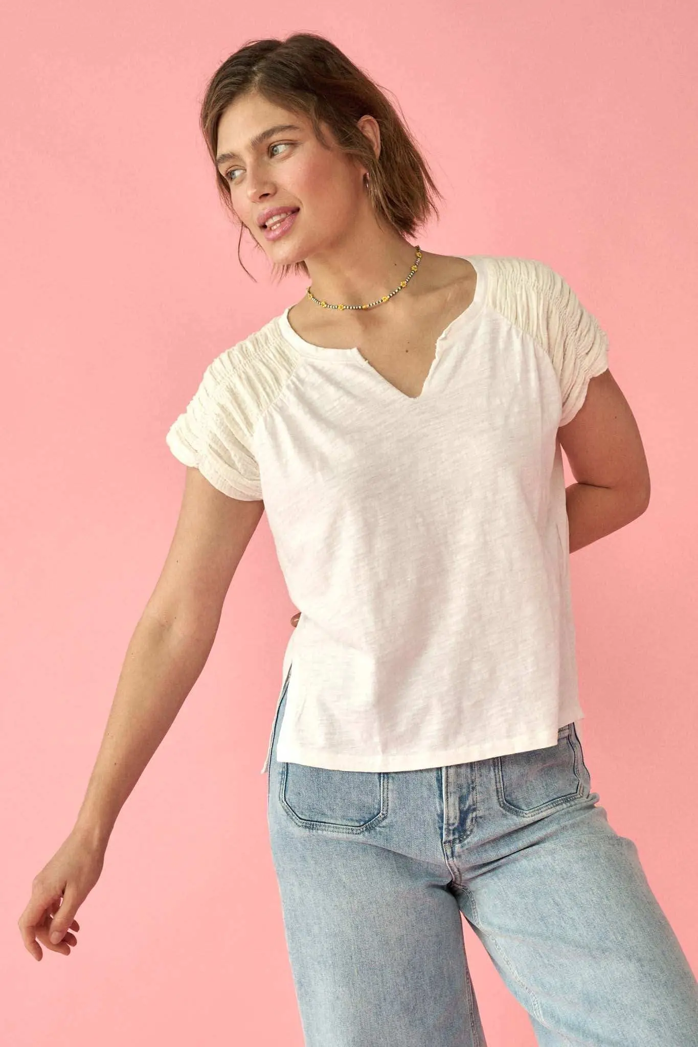 Easy Fit Ruched-Sleeve Cotton Slub Split-Neck Tee - Image 3