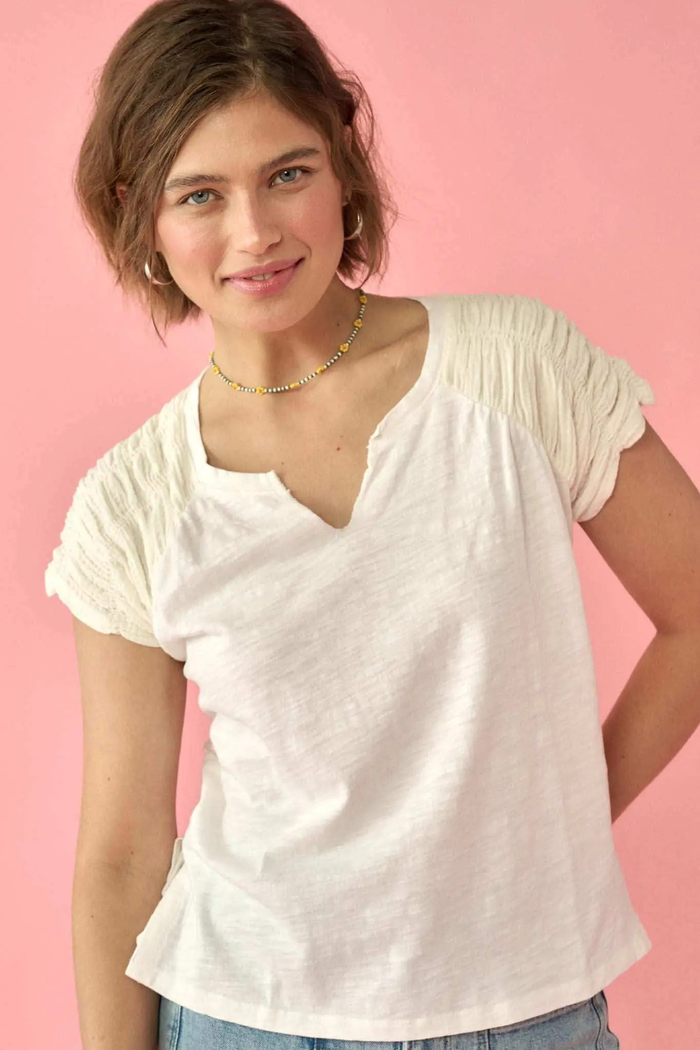 Easy Fit Ruched-Sleeve Cotton Slub Split-Neck Tee - Image 4