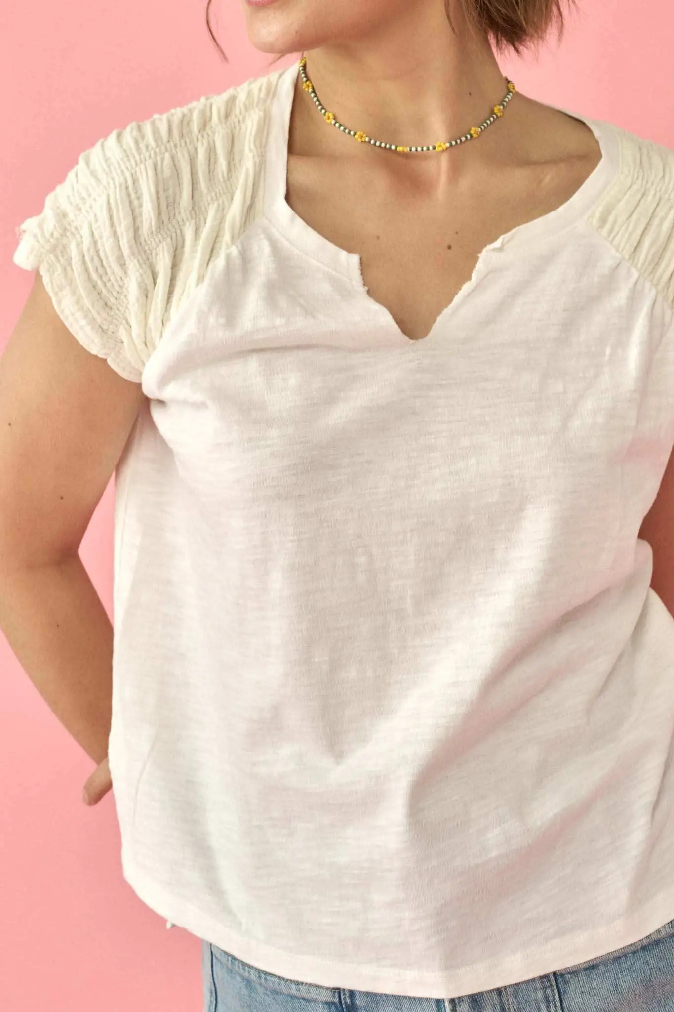 Easy Fit Ruched-Sleeve Cotton Slub Split-Neck Tee - Image 5