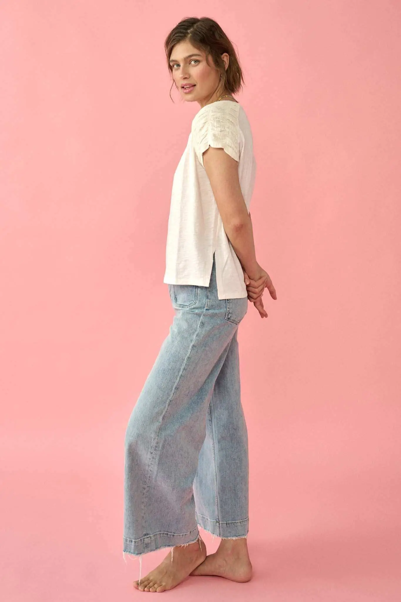 Easy Fit Ruched-Sleeve Cotton Slub Split-Neck Tee - Image 6