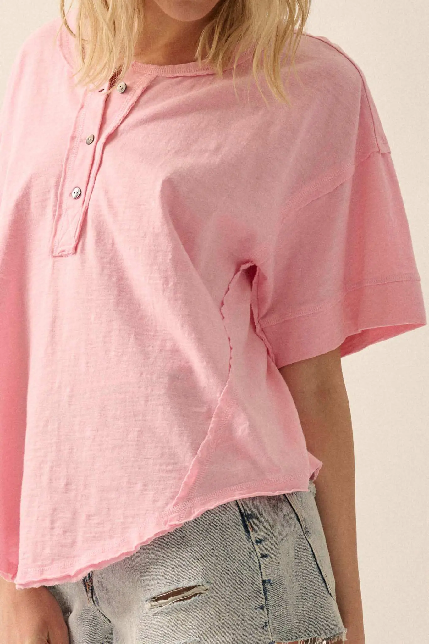 Easy Fit Vintage-Wash Exposed-Seam Henley Tee - Image 4