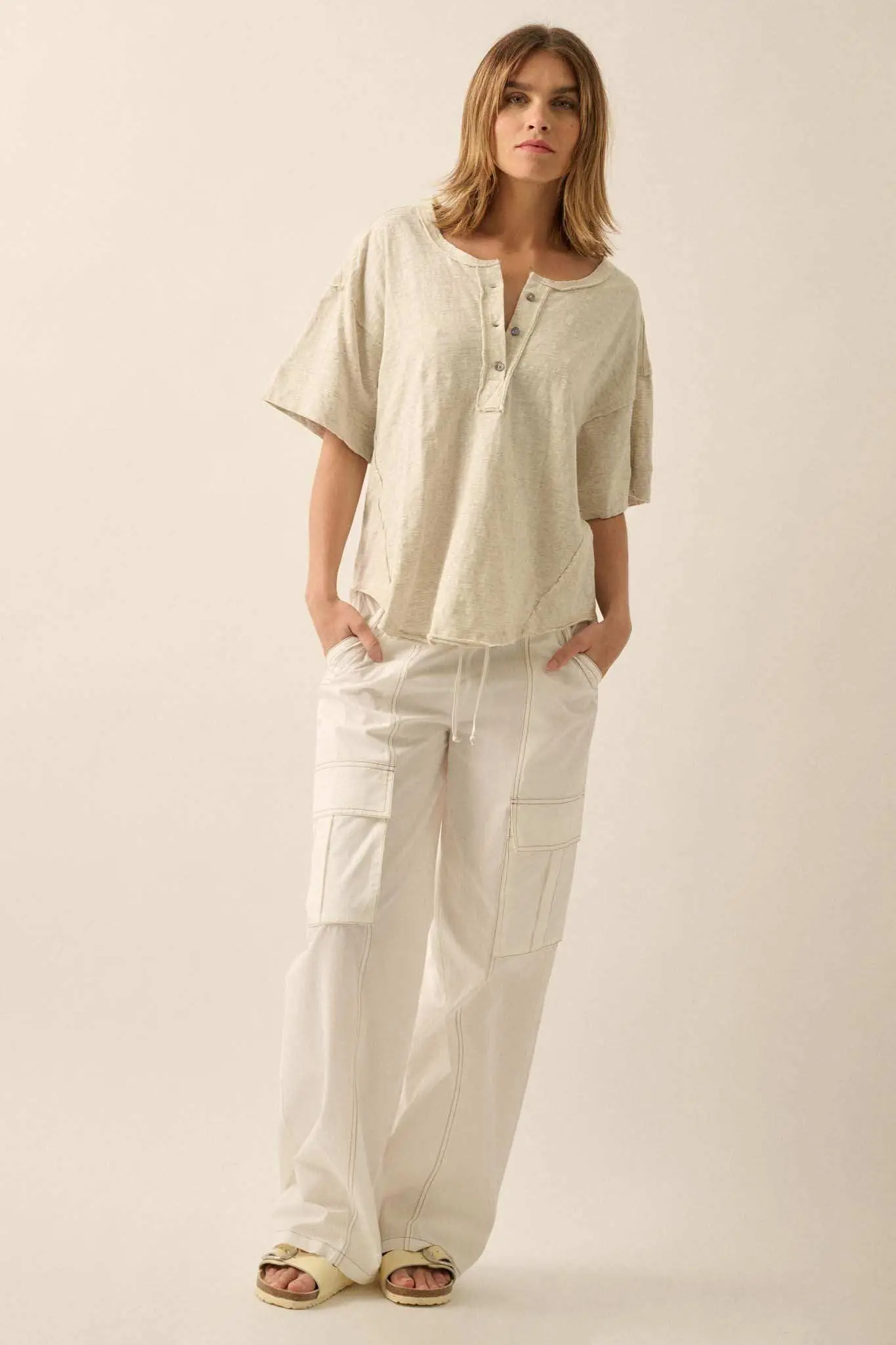 Easy Fit Vintage-Wash Exposed-Seam Henley Tee - Image 8