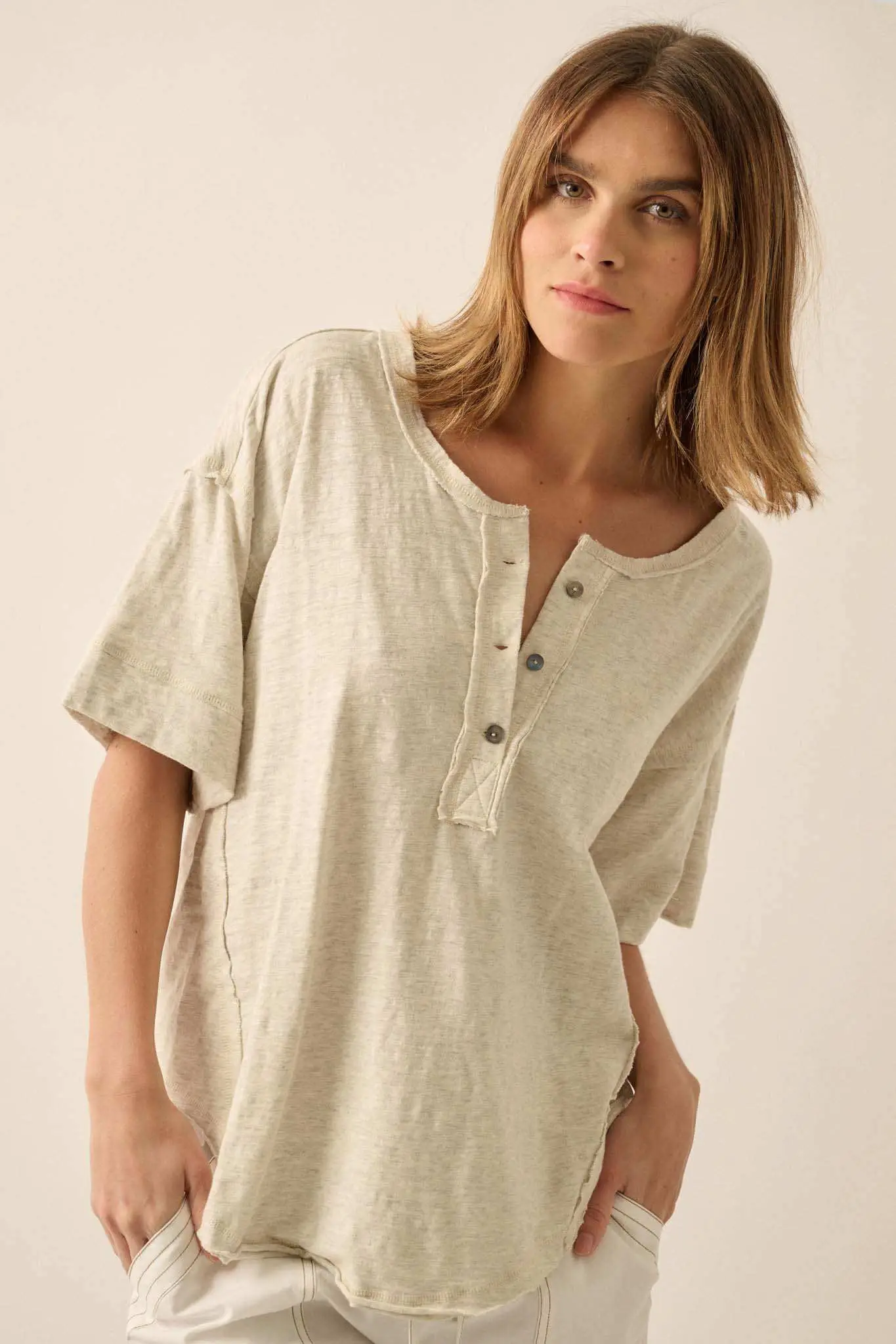Easy Fit Vintage-Wash Exposed-Seam Henley Tee - Image 9