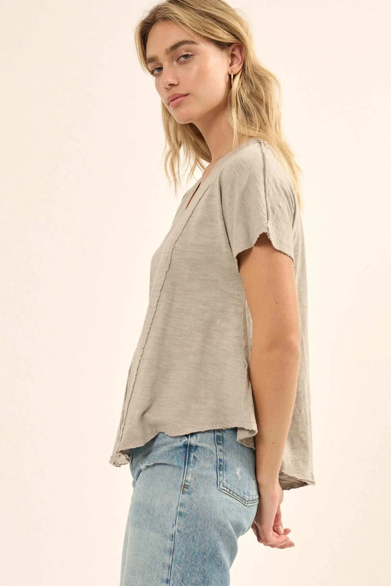 Easy Fit Vintage-Wash Slub Cotton Exposed-Seam Tee - Image 14