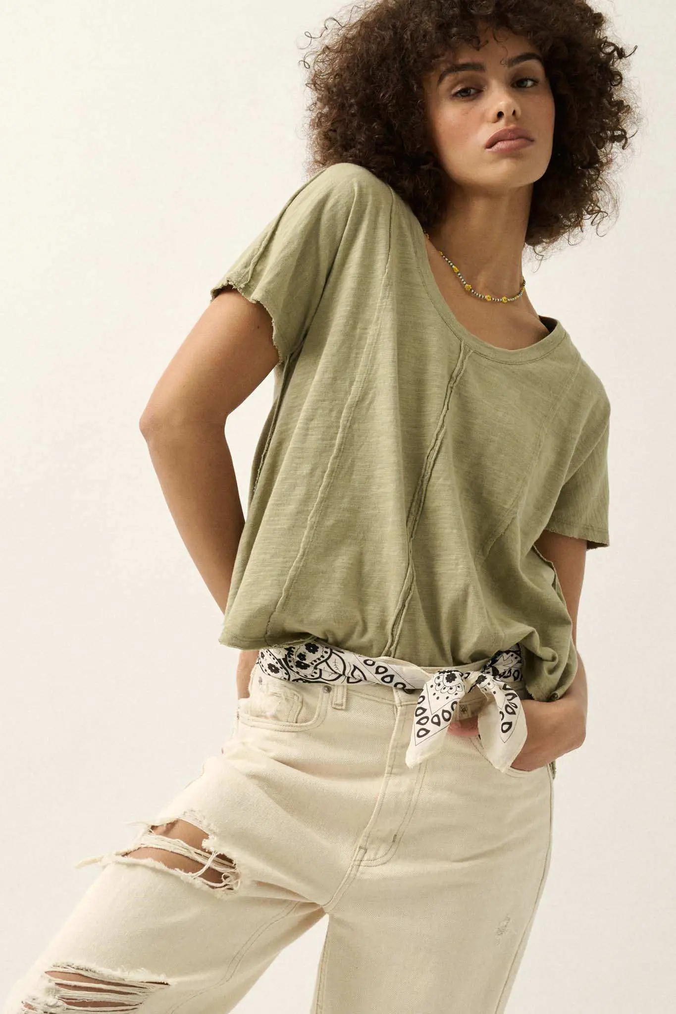 Easy Fit Vintage-Wash Slub Cotton Exposed-Seam Tee - Image 3