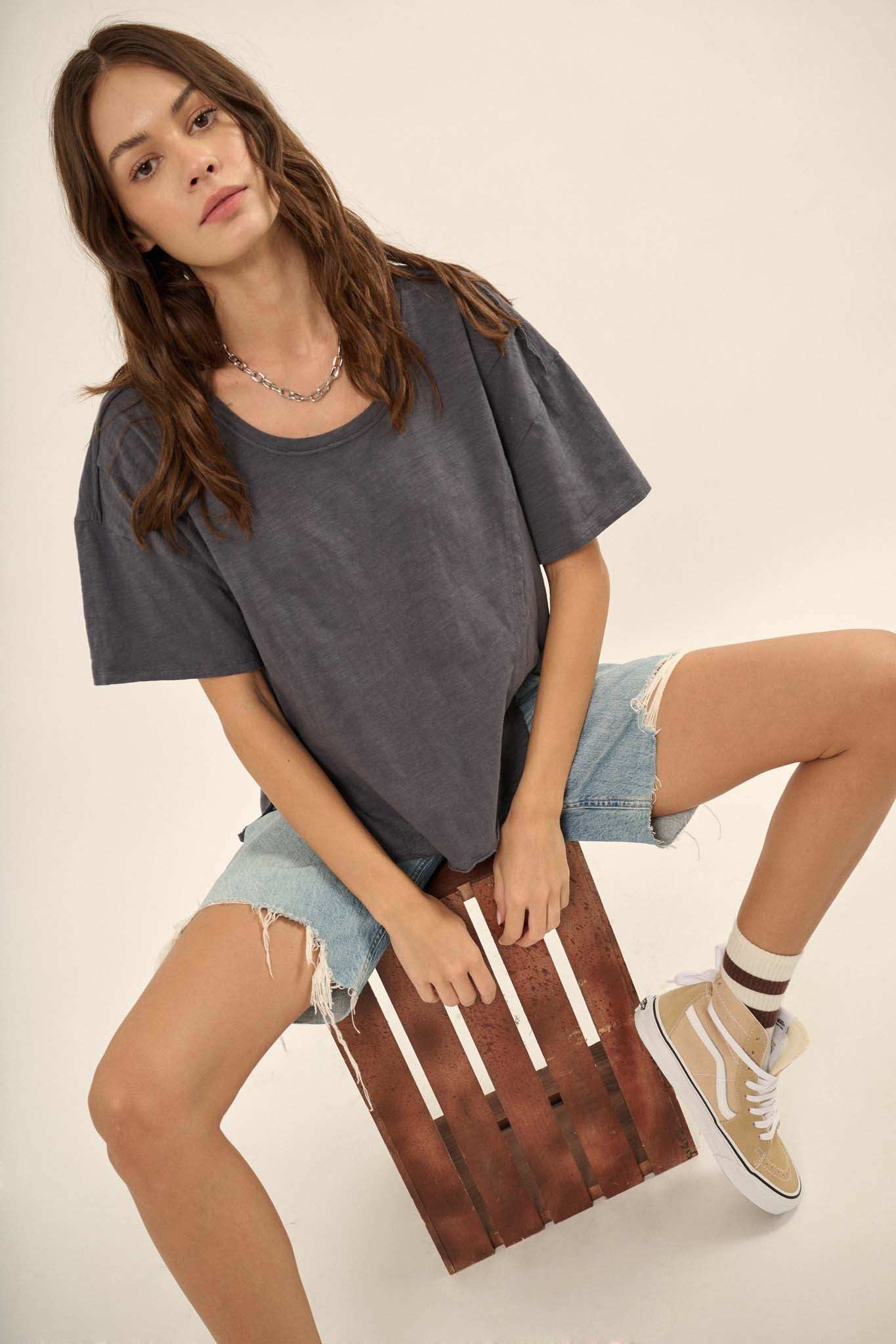 Easy Fit Vintage-Wash Slub Cotton Split-Hem Tee - Image 13