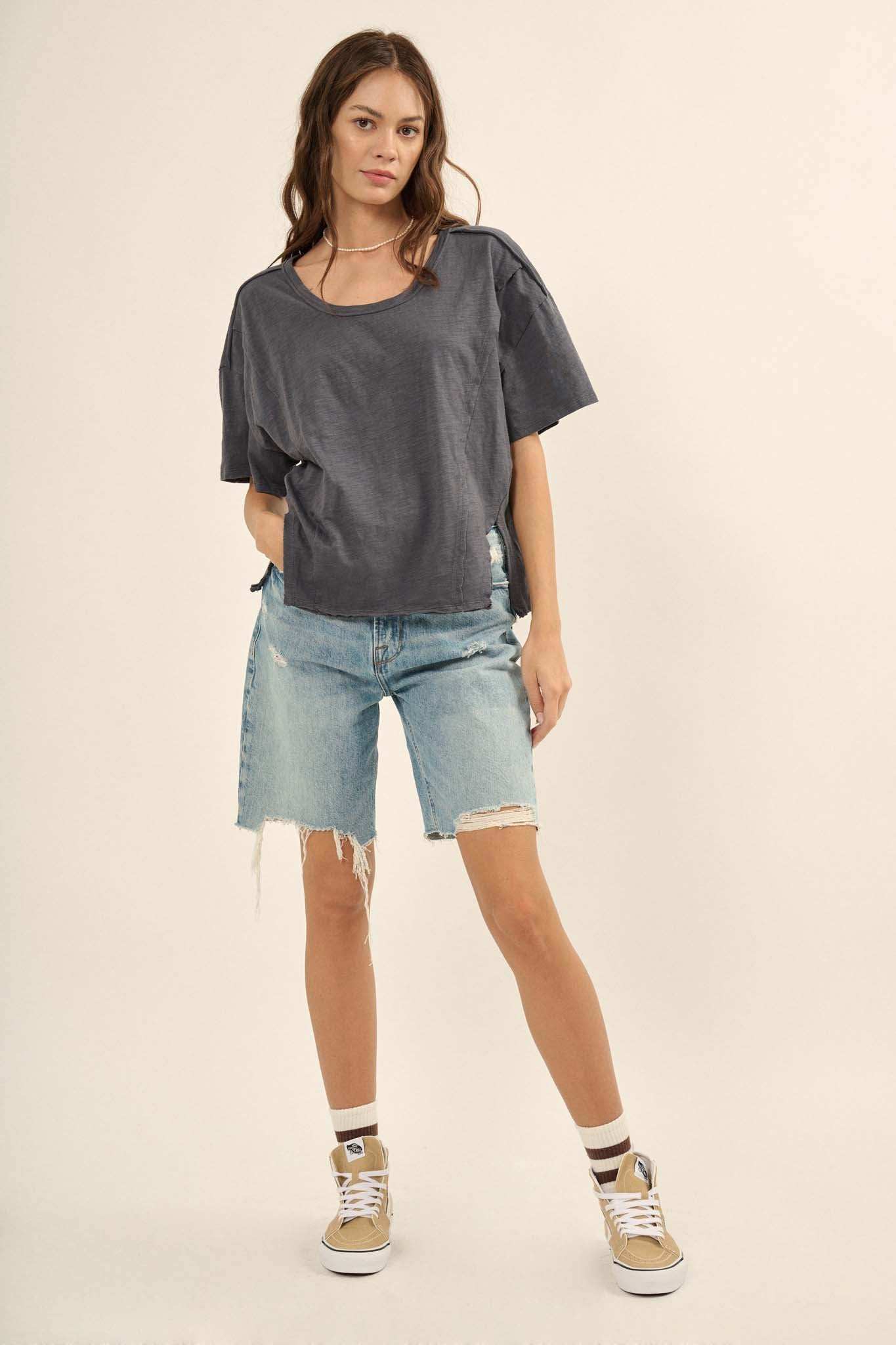 Easy Fit Vintage-Wash Slub Cotton Split-Hem Tee - Image 14