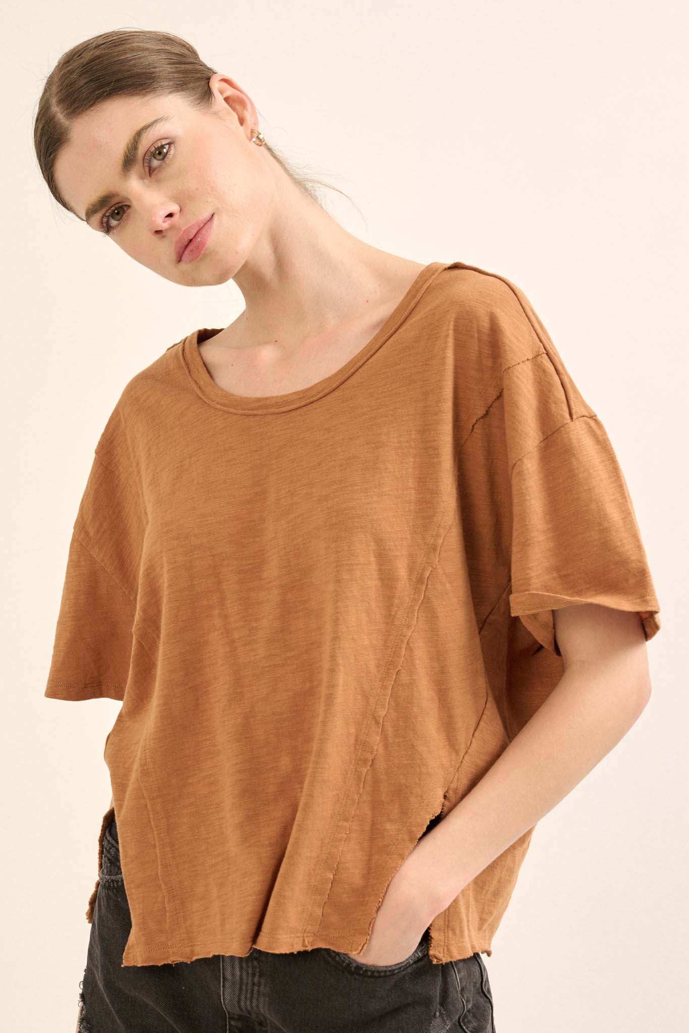 Easy Fit Vintage-Wash Slub Cotton Split-Hem Tee - Image 26