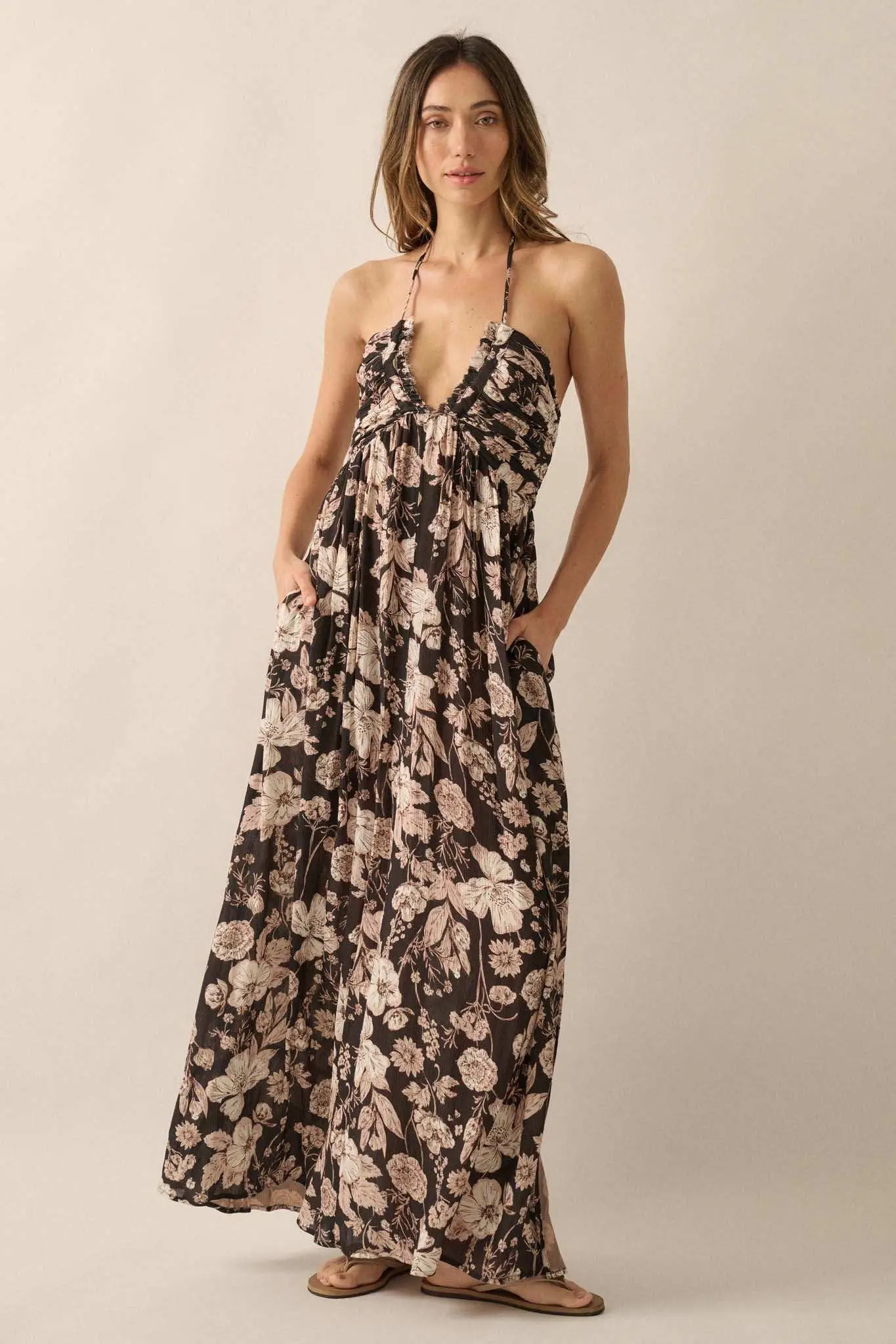 Elegant Blossoms Floral Crepe Halter Maxi Dress - Image 5
