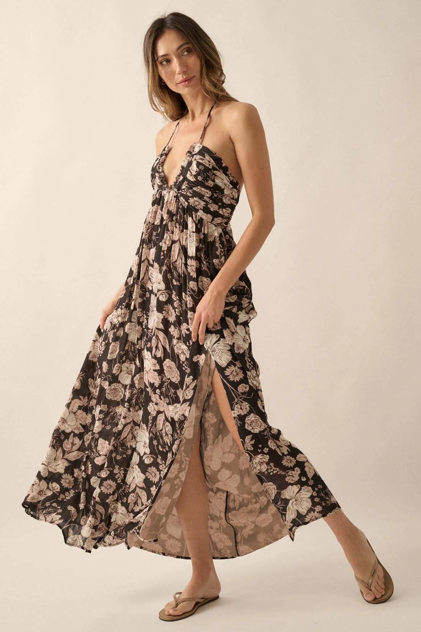 Elegant Blossoms Floral Crepe Halter Maxi Dress - Image 9