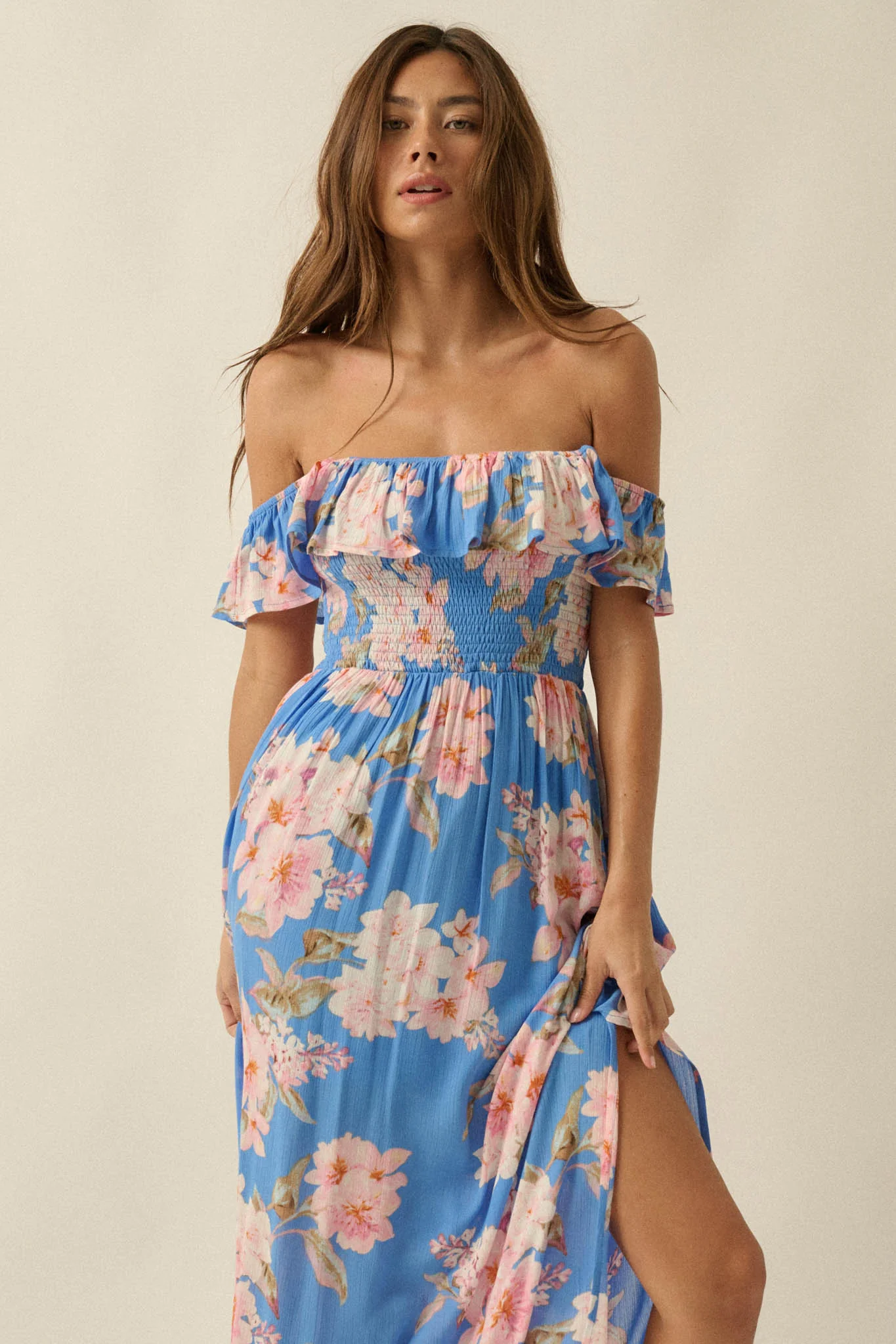 Elegant Garden Floral Smocked Off-Shoulder Maxi Dress - Image 10