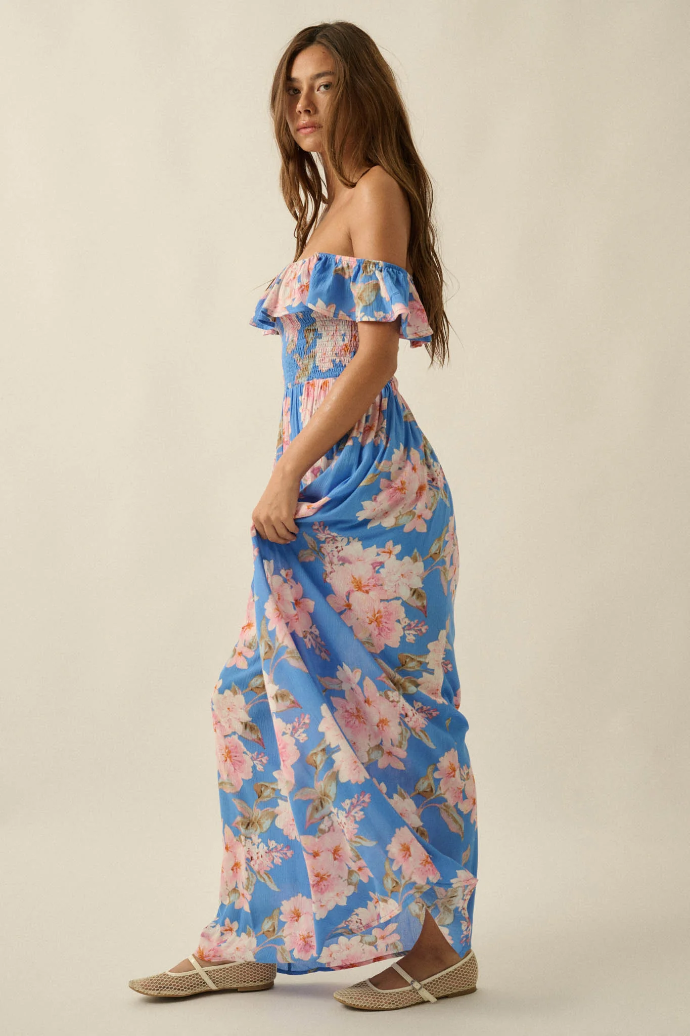 Elegant Garden Floral Smocked Off-Shoulder Maxi Dress - Image 11