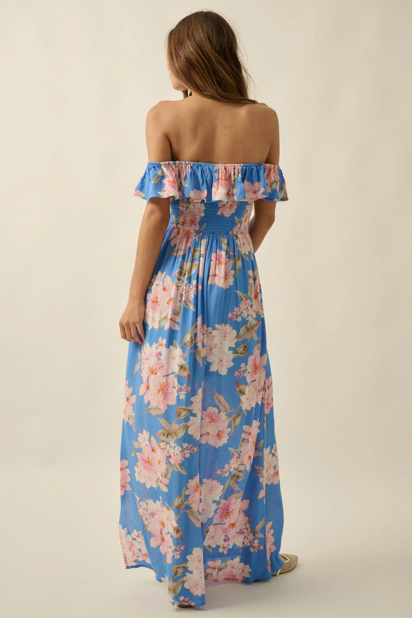 Elegant Garden Floral Smocked Off-Shoulder Maxi Dress - Image 12