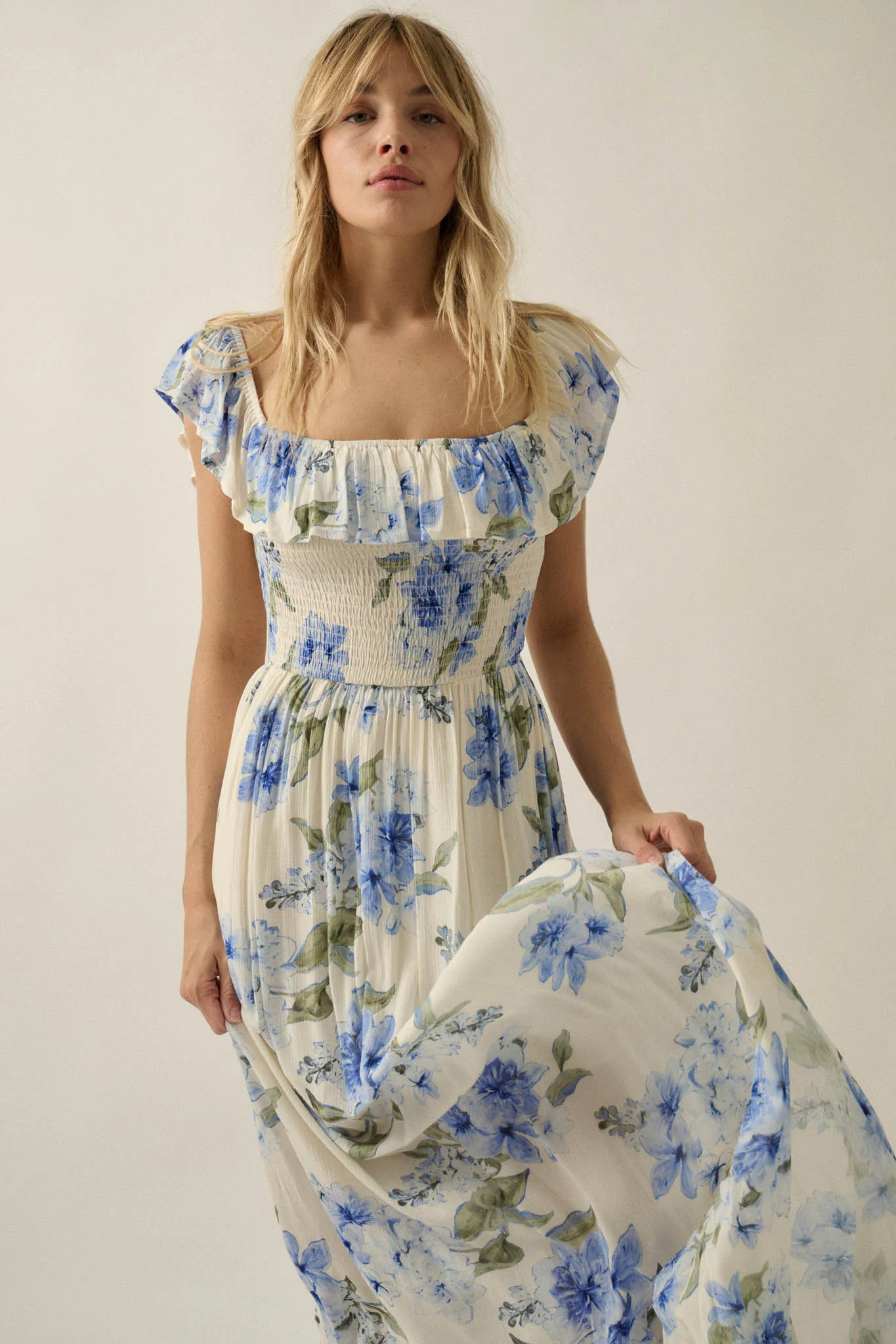 Elegant Garden Floral Smocked Off-Shoulder Maxi Dress - Image 3