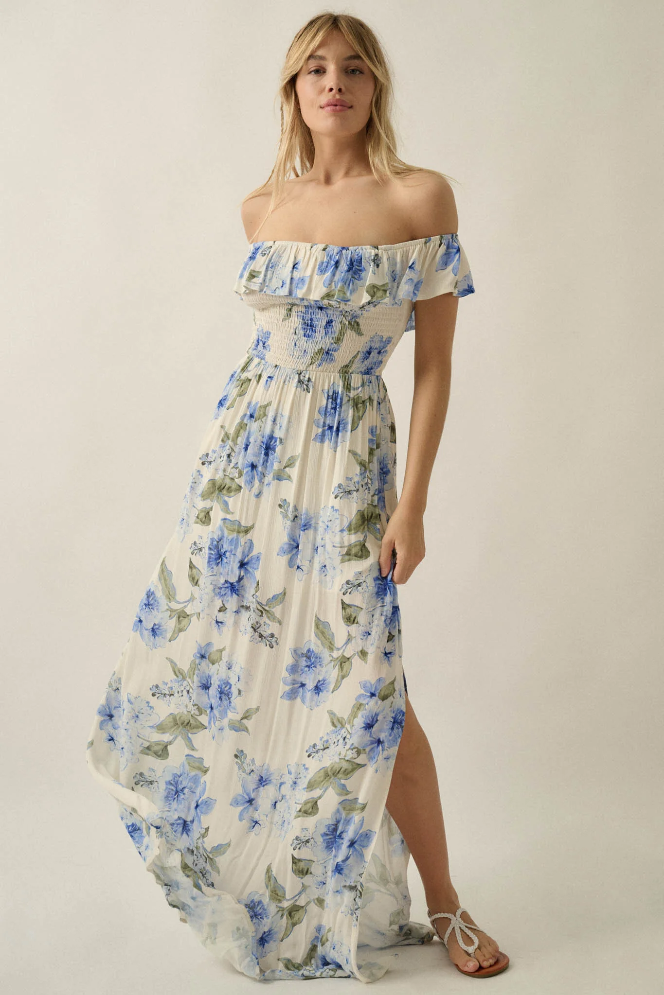 Elegant Garden Floral Smocked Off-Shoulder Maxi Dress - Image 4