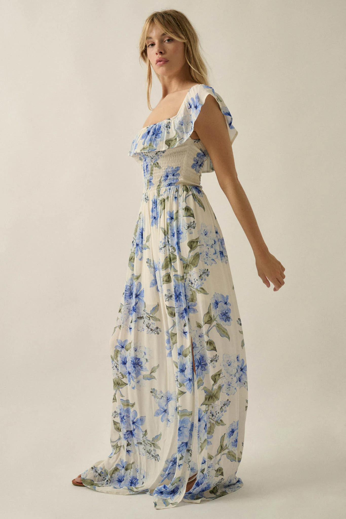 Elegant Garden Floral Smocked Off-Shoulder Maxi Dress - Image 5