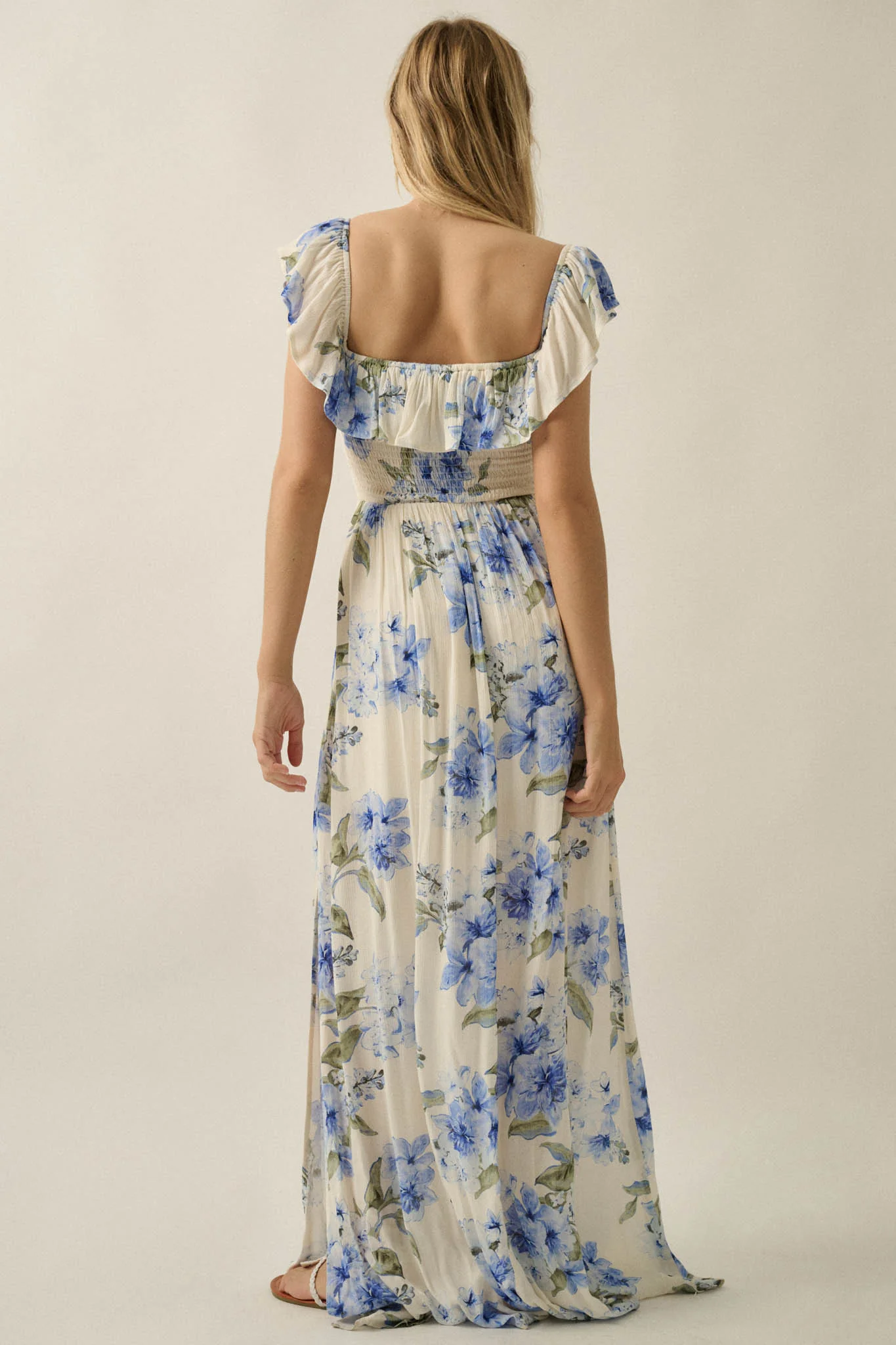 Elegant Garden Floral Smocked Off-Shoulder Maxi Dress - Image 6