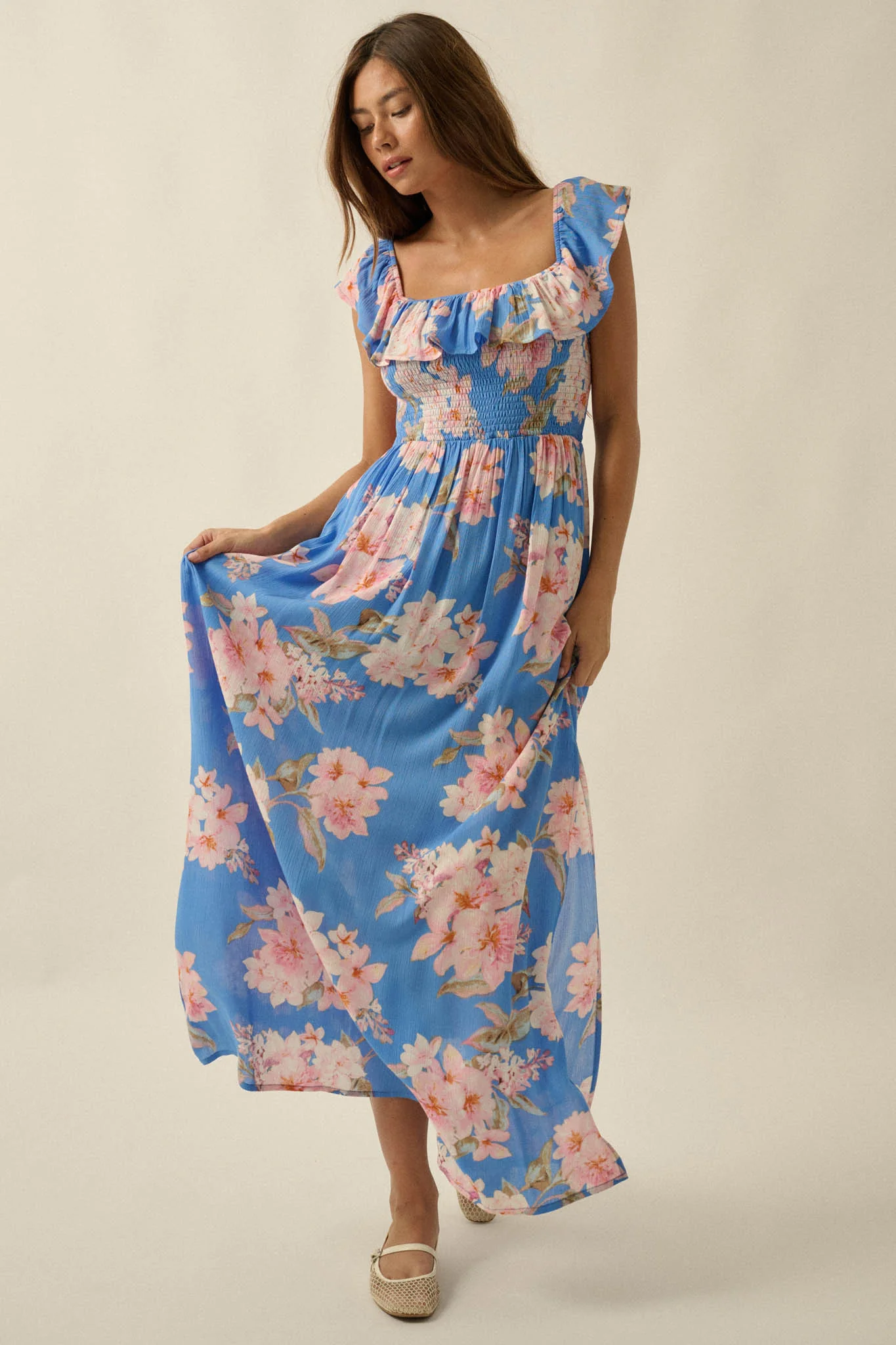 Elegant Garden Floral Smocked Off-Shoulder Maxi Dress - Image 7