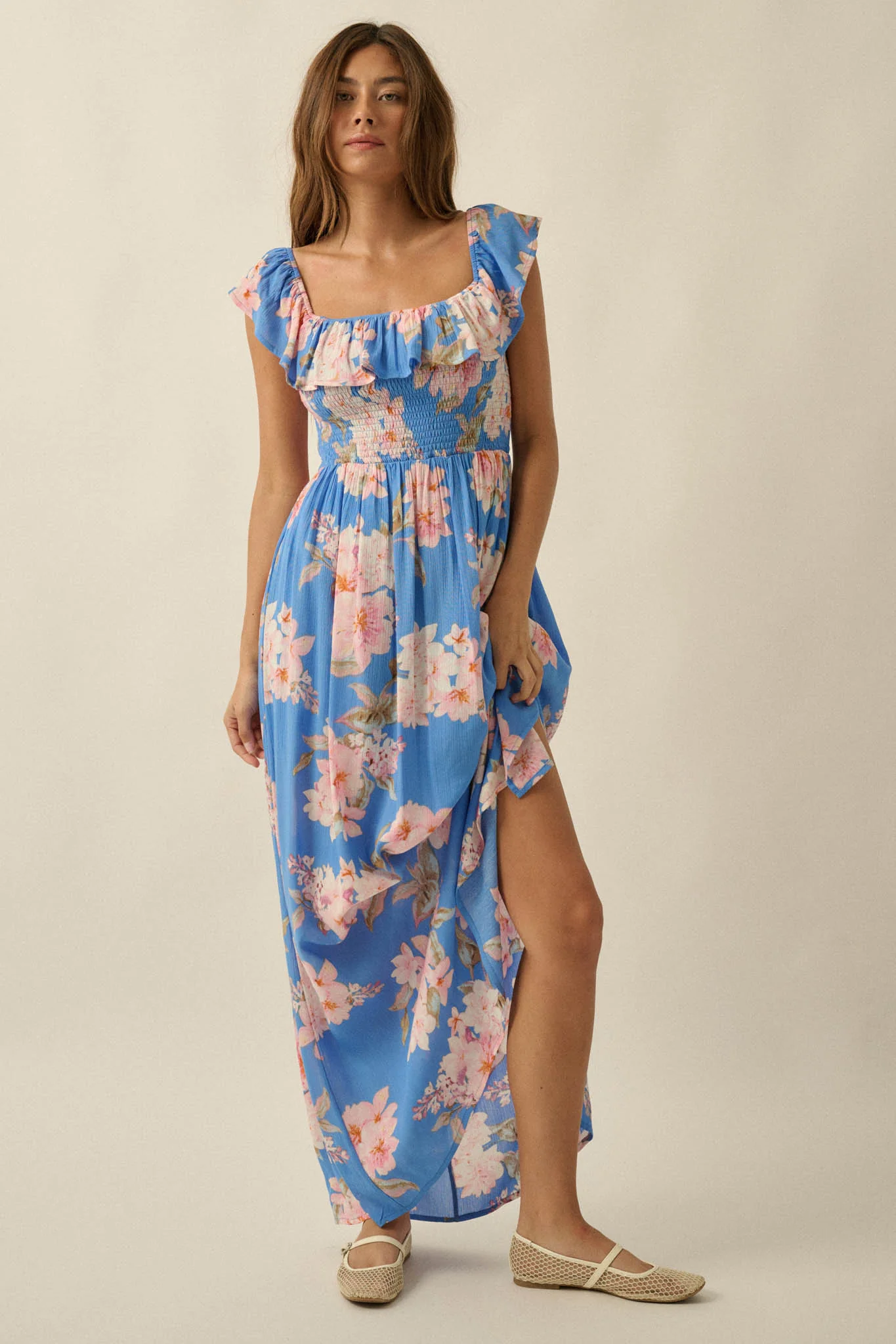 Elegant Garden Floral Smocked Off-Shoulder Maxi Dress - Image 9