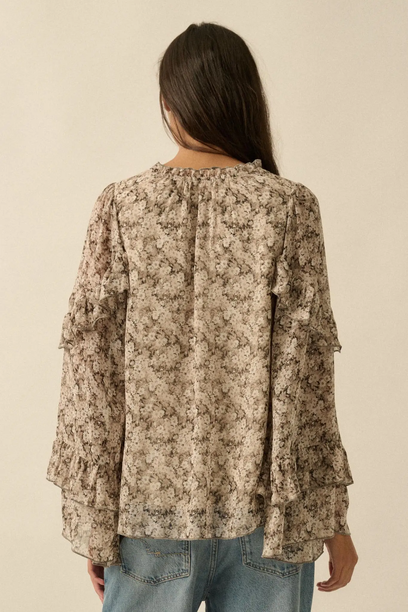 Embrace Me Floral Chiffon Ruffle Bell-Sleeve Top - Image 2