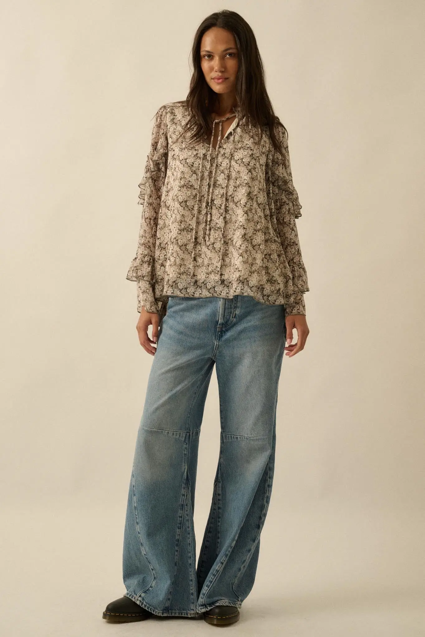 Embrace Me Floral Chiffon Ruffle Bell-Sleeve Top - Image 5