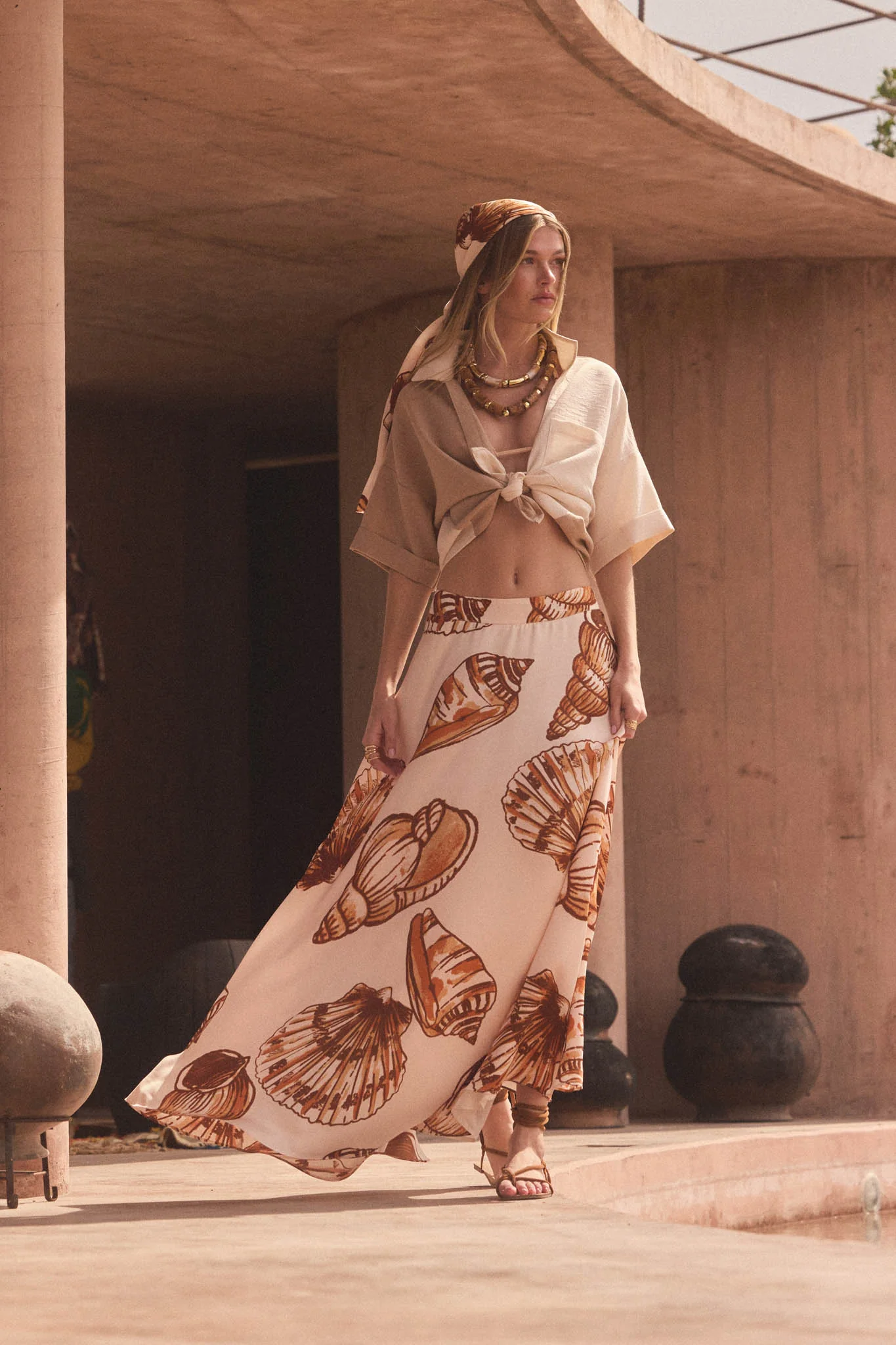 Enchanted Cove Shell-Print Satin A-Line Maxi Skirt