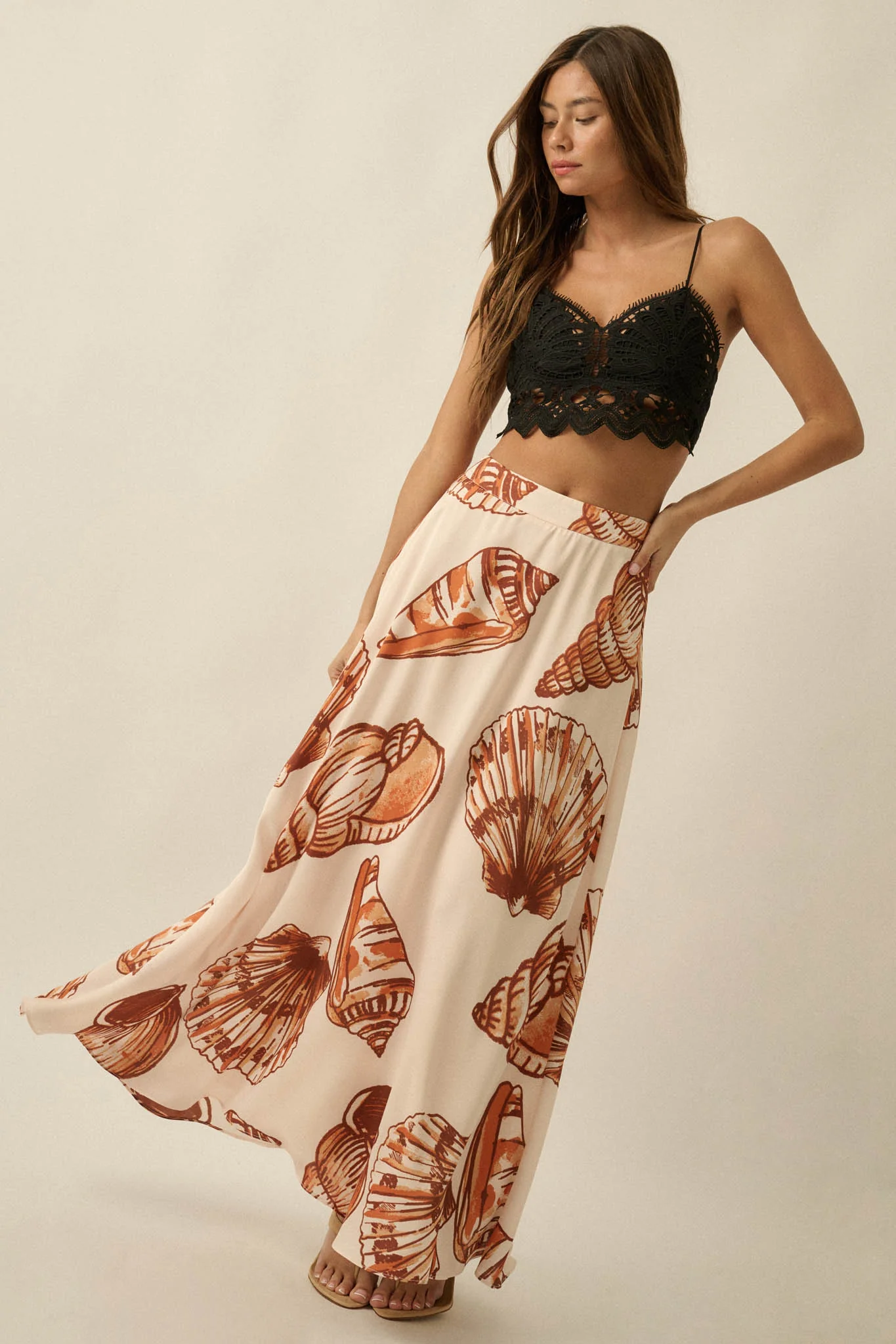 Enchanted Cove Shell-Print Satin A-Line Maxi Skirt - Image 4