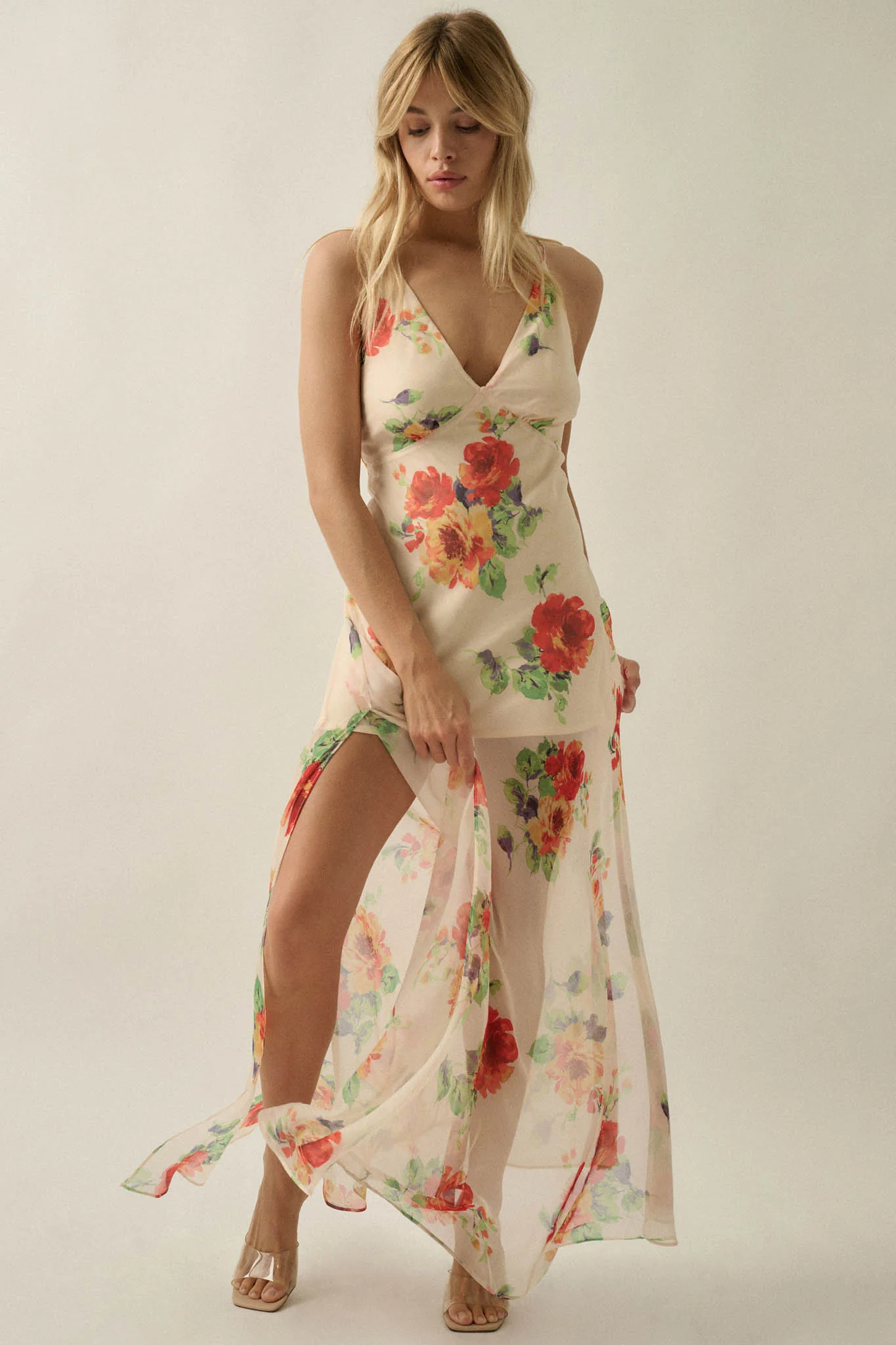 Enchanting Blooms Floral Chiffon Open-Back Maxi Dress