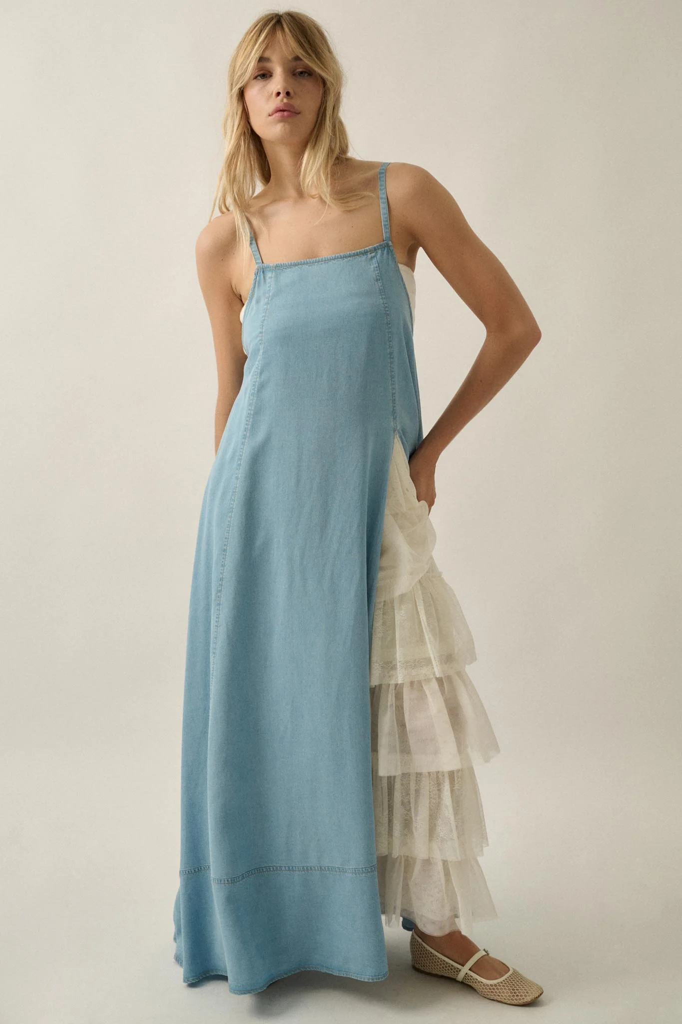 Endless Skies Denim Open-Back High-Slit Maxi Dress - Image 4