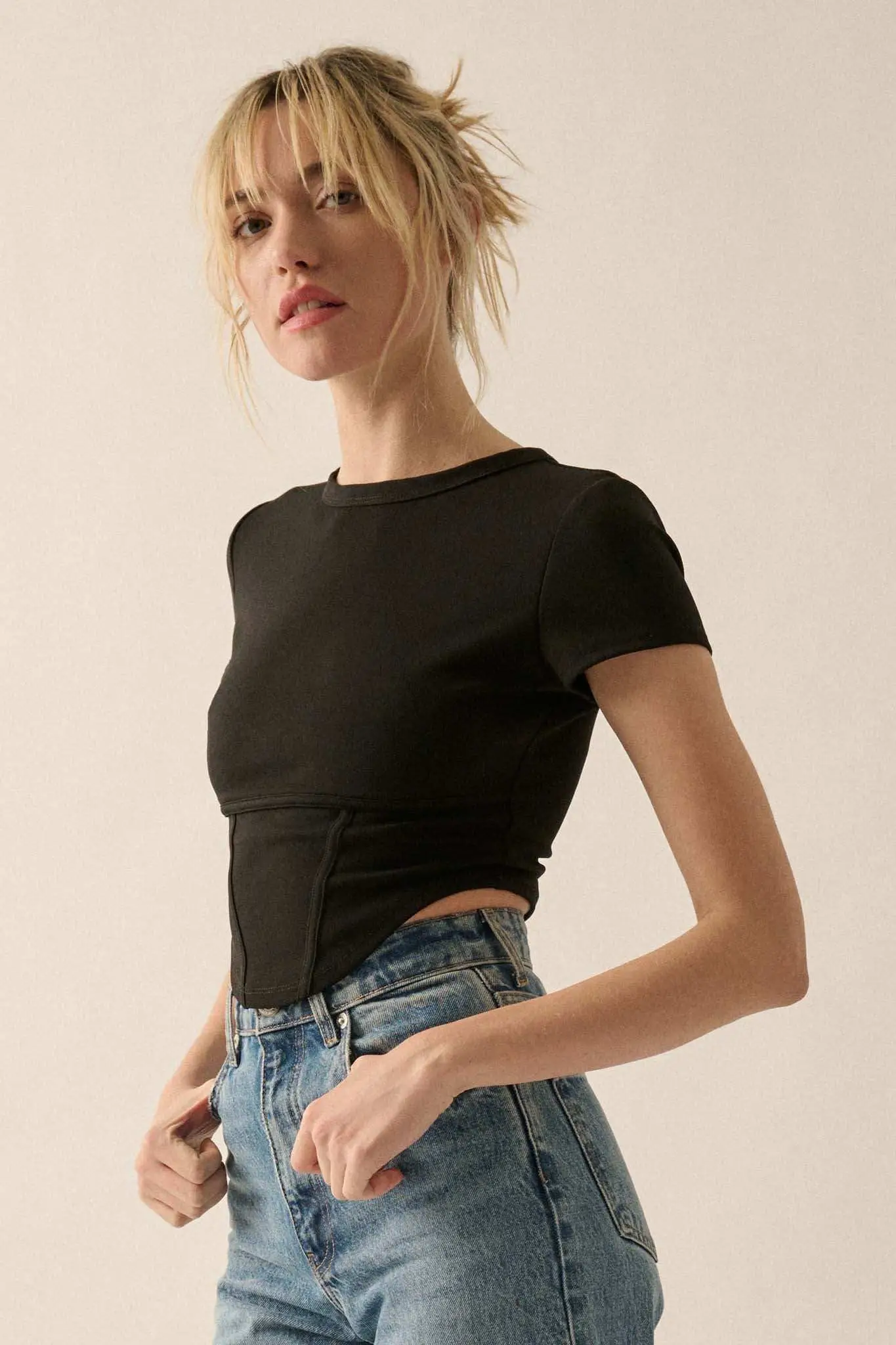 Essential Trends Solid Crepe Cropped Corset Tee - Image 11