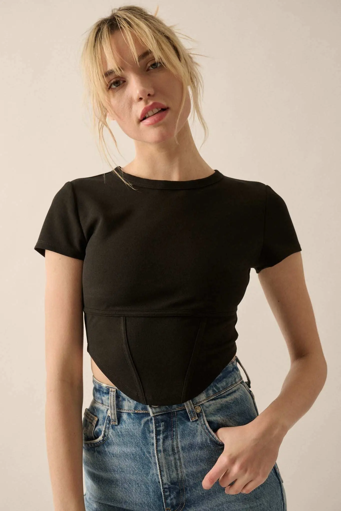 Essential Trends Solid Crepe Cropped Corset Tee - Image 2