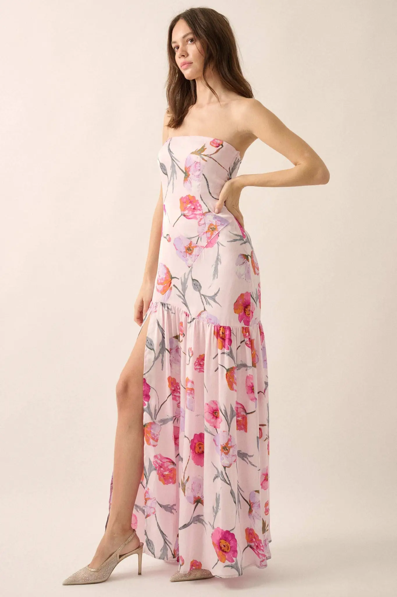 Eternal Spring Floral Satin Strapless Maxi Dress - Image 8