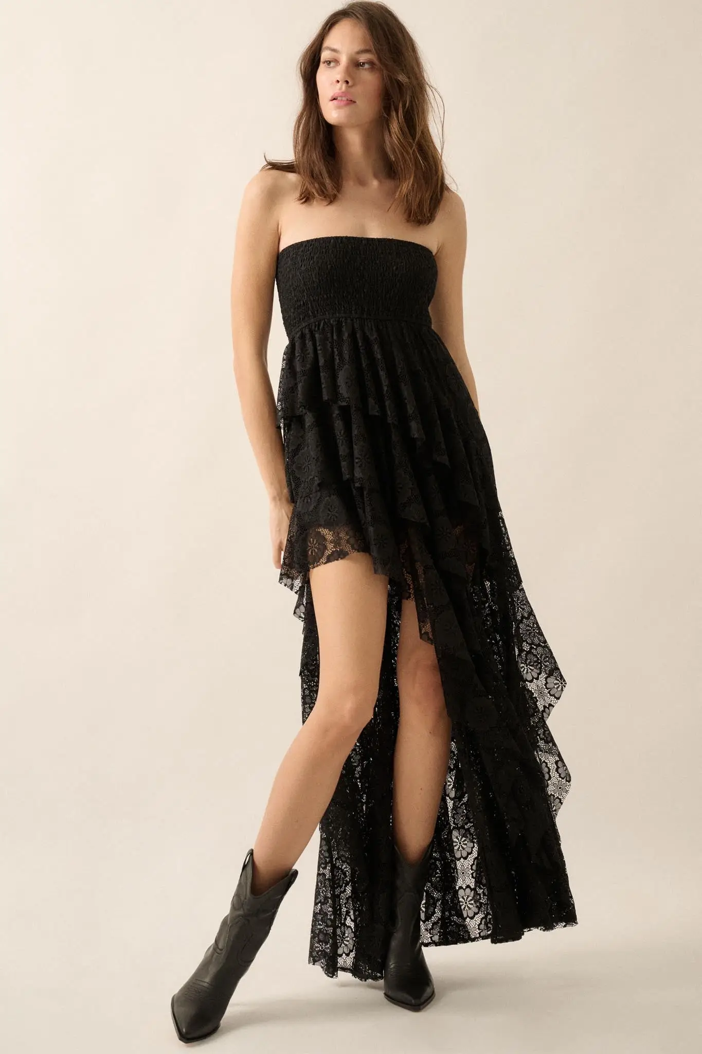 Ever After Asymmetrical Lace Strapless Maxi Dress
