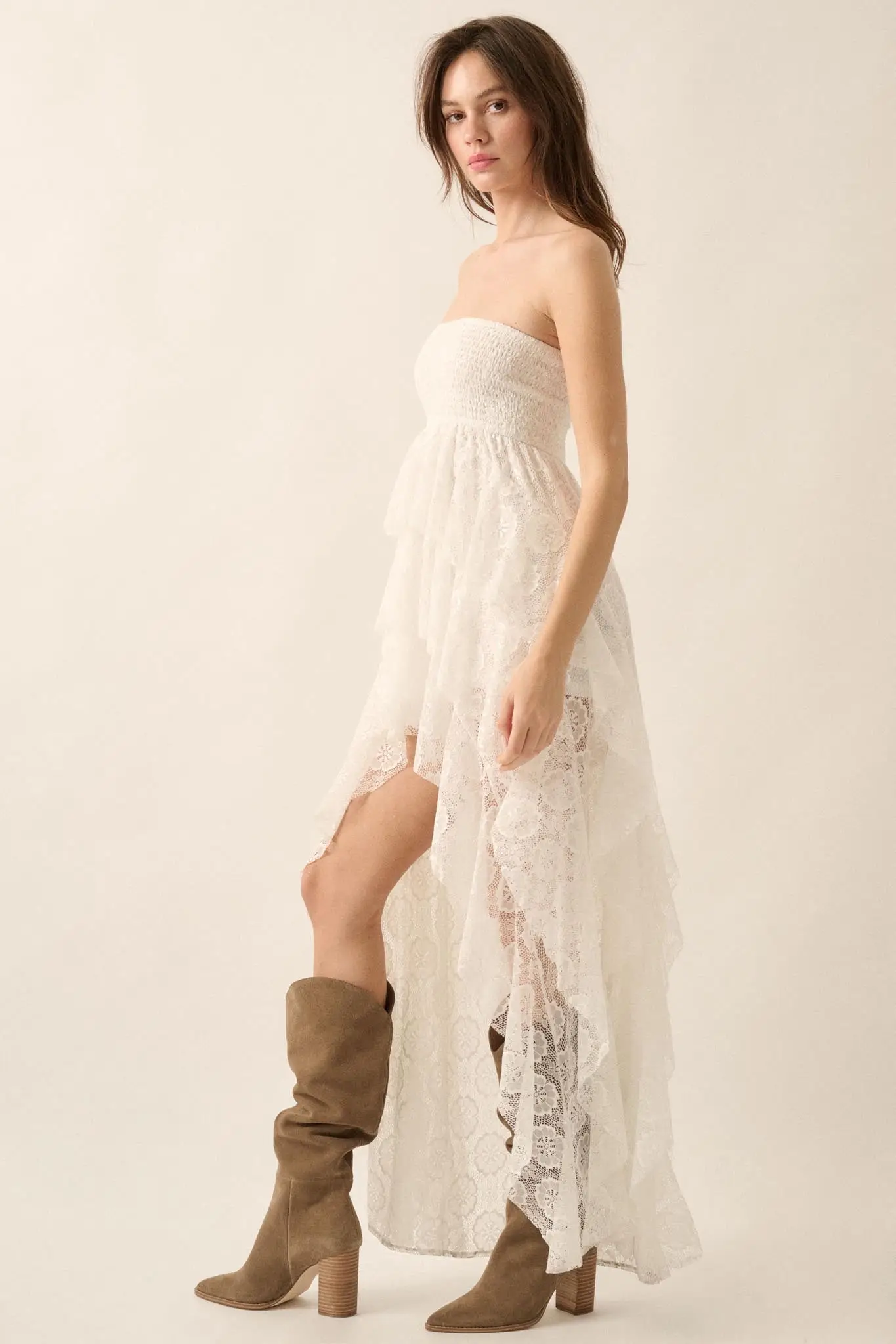 Ever After Asymmetrical Lace Strapless Maxi Dress - Image 11