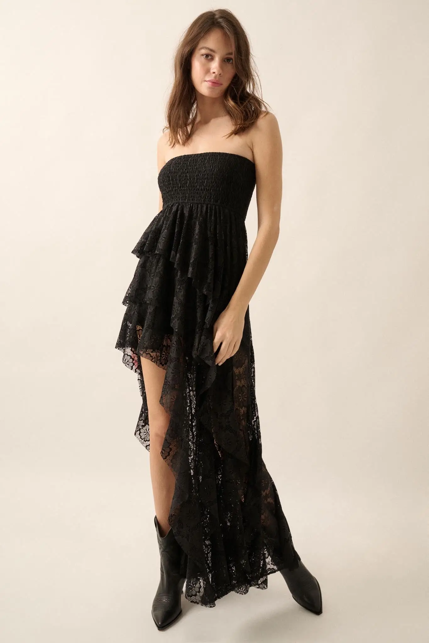 Ever After Asymmetrical Lace Strapless Maxi Dress - Image 5