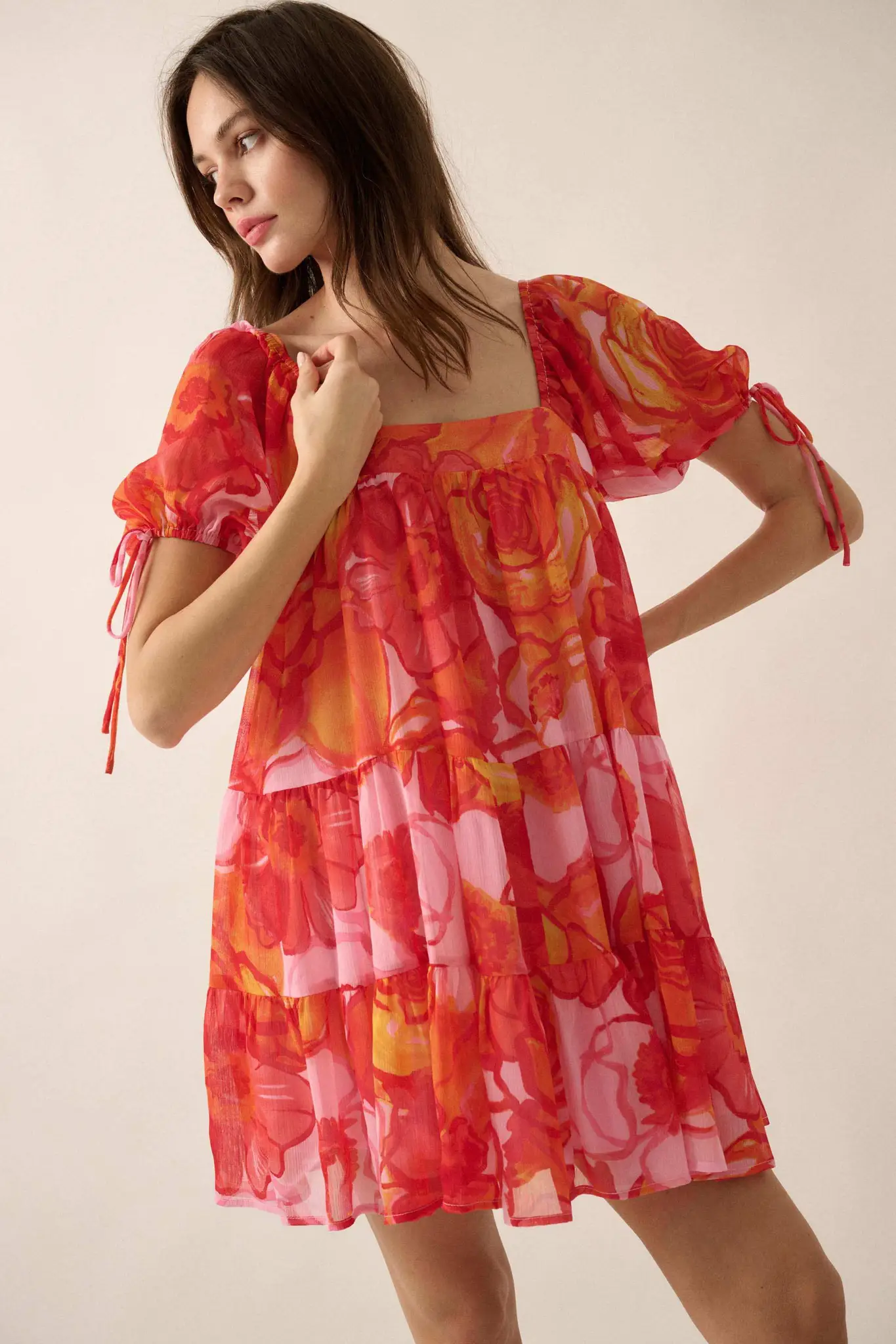 Exotic Blooms Floral Chiffon Babydoll Mini Dress - Image 7