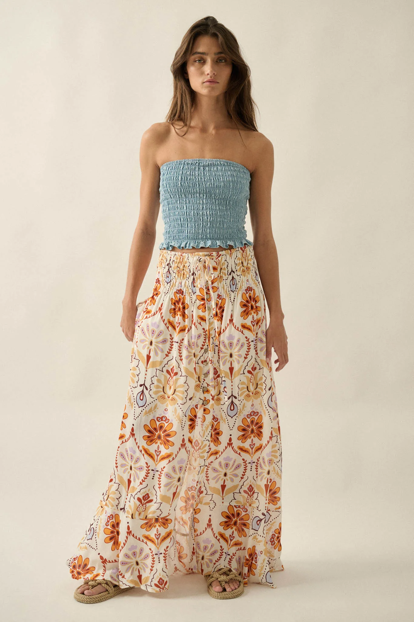 Exotic Garden Medallion-Print Button-Front Maxi Skirt
