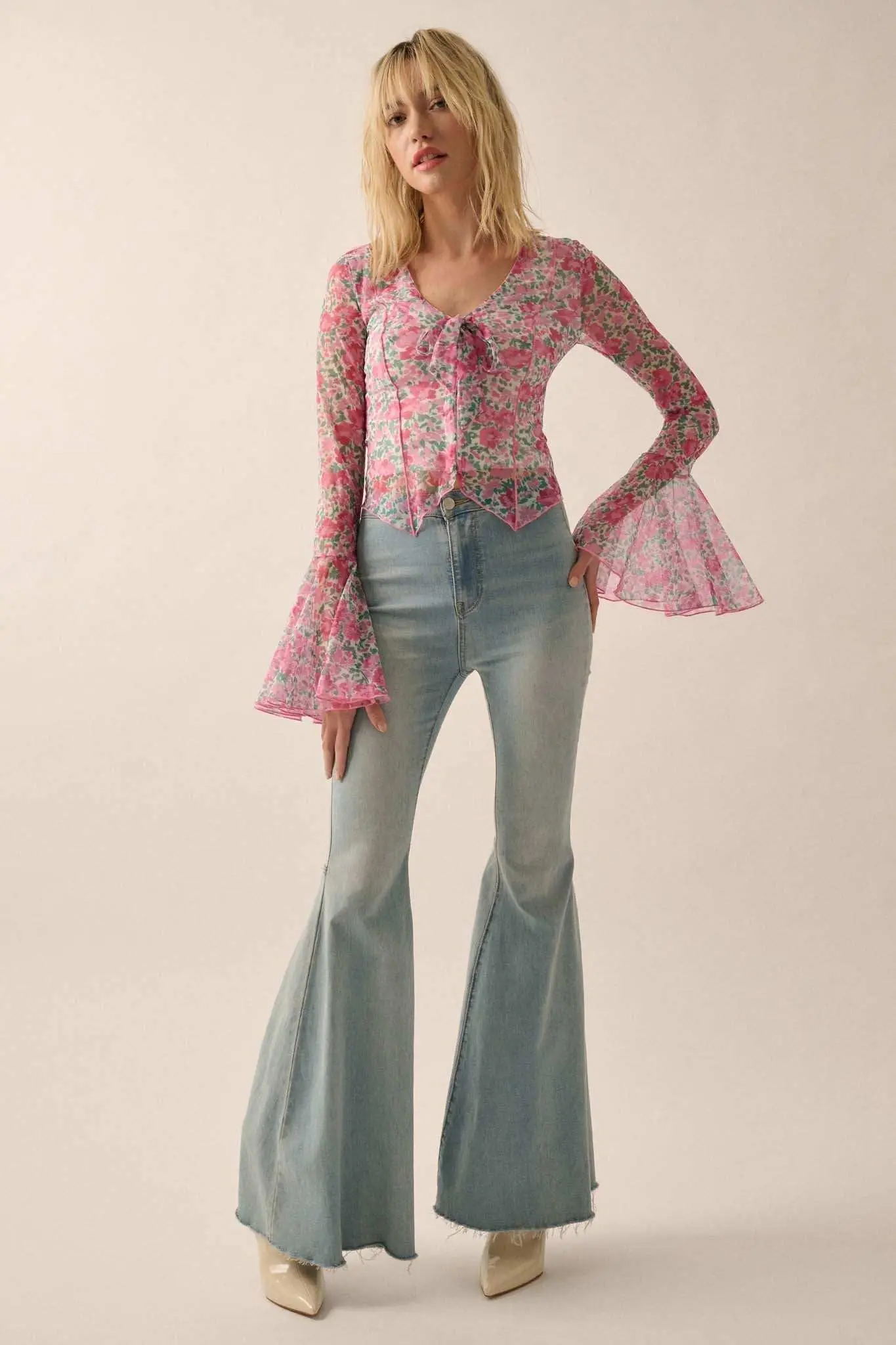Fabulous Flowers Floral-Print Mesh Bell-Sleeve Top - Image 10