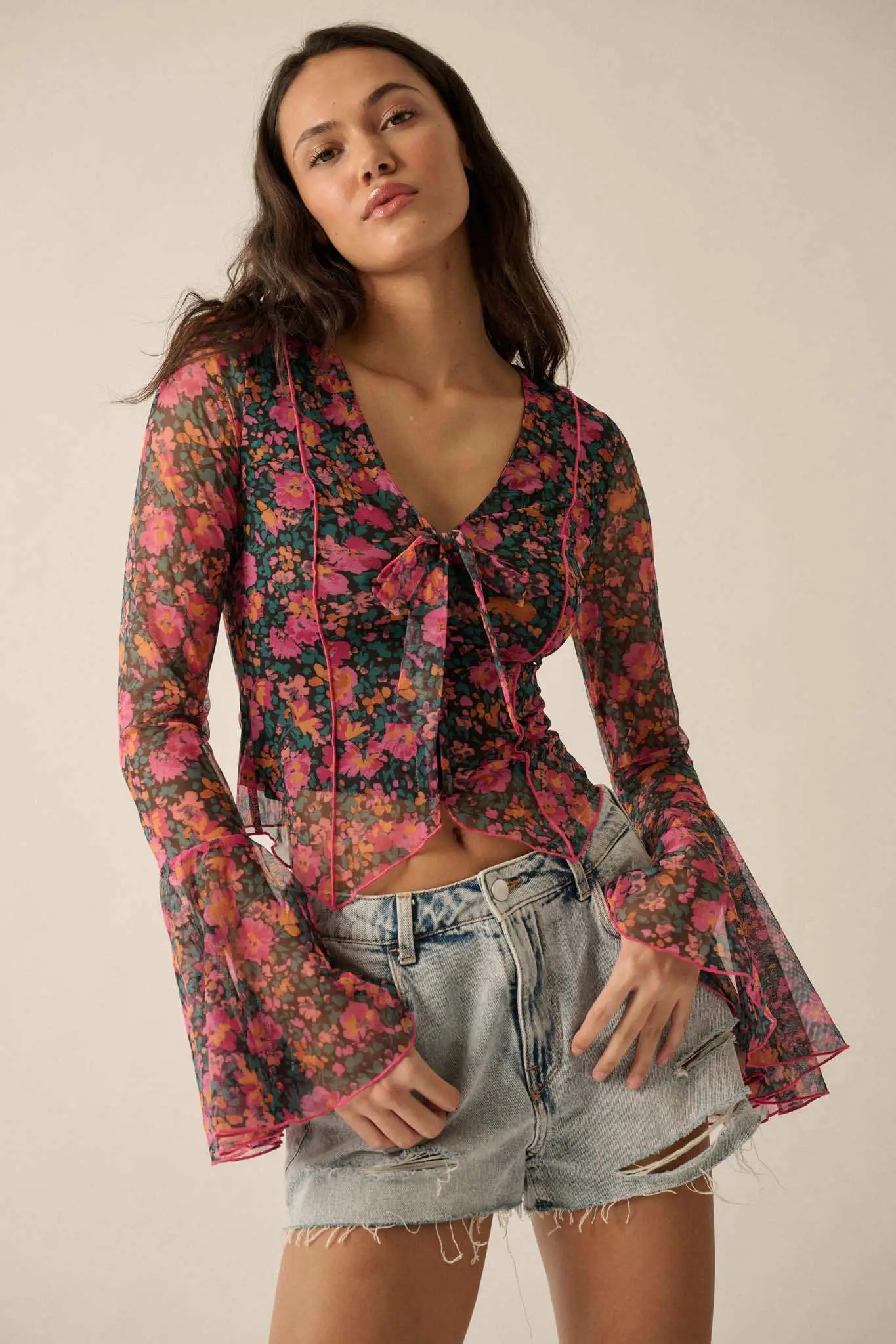 Fabulous Flowers Floral-Print Mesh Bell-Sleeve Top - Image 4