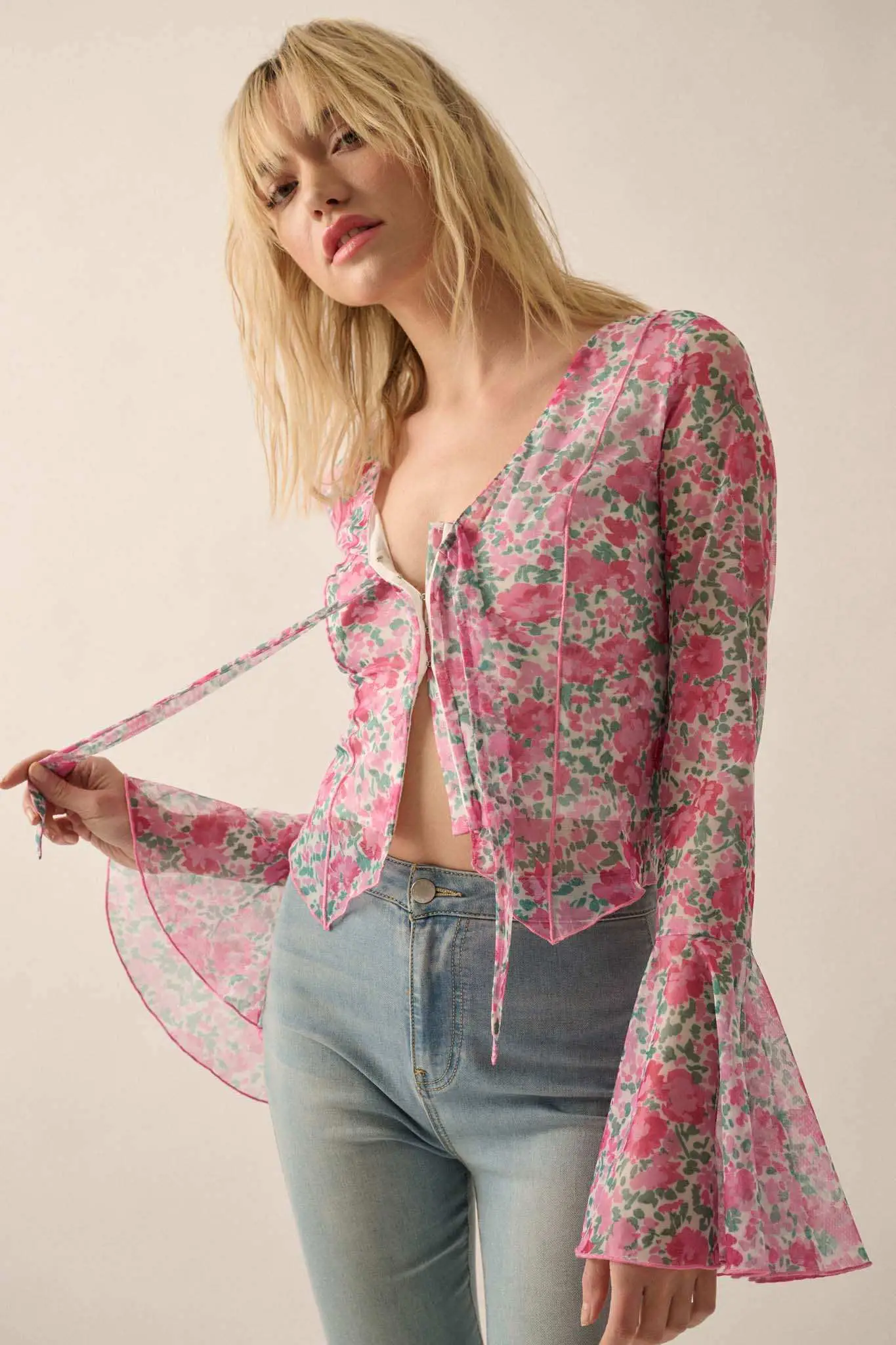 Fabulous Flowers Floral-Print Mesh Bell-Sleeve Top - Image 9