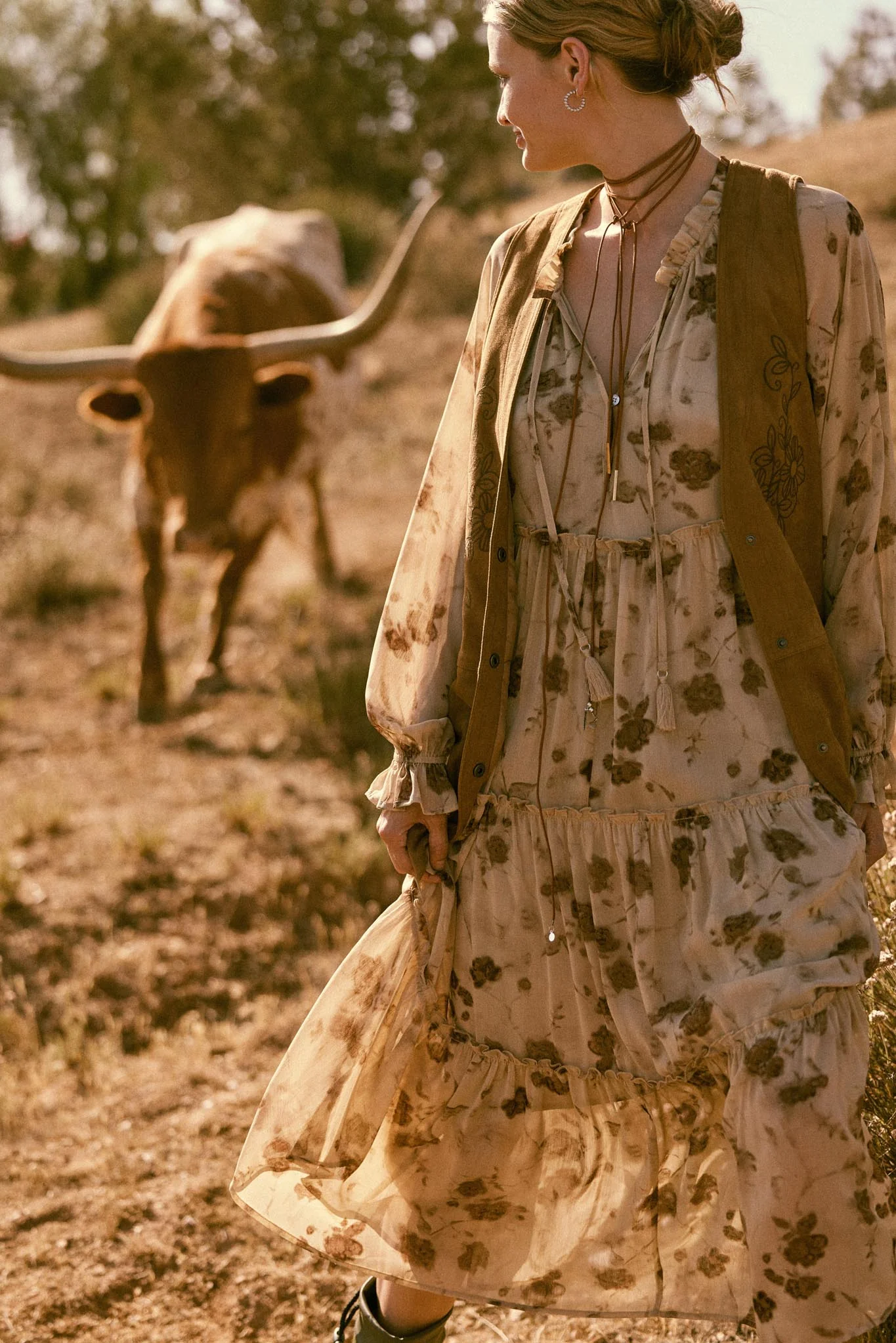 Faded Flowers Tiered Floral Midi Prairie Dress - Image 2