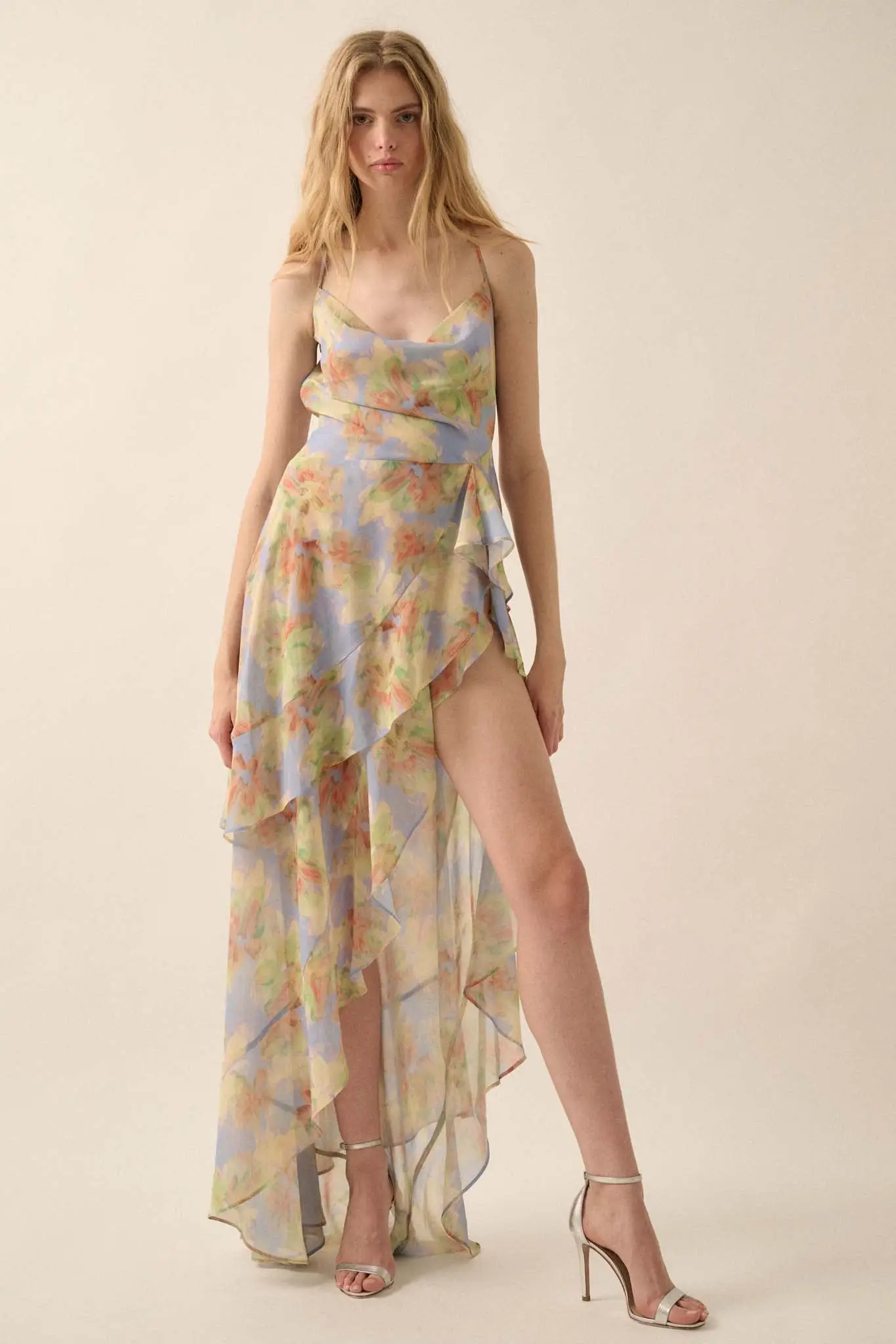Fairy Garden Draped Floral Chiffon Maxi Dress - Image 2